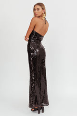 High Roller Flower Decoration Halter Dress Sequin Black