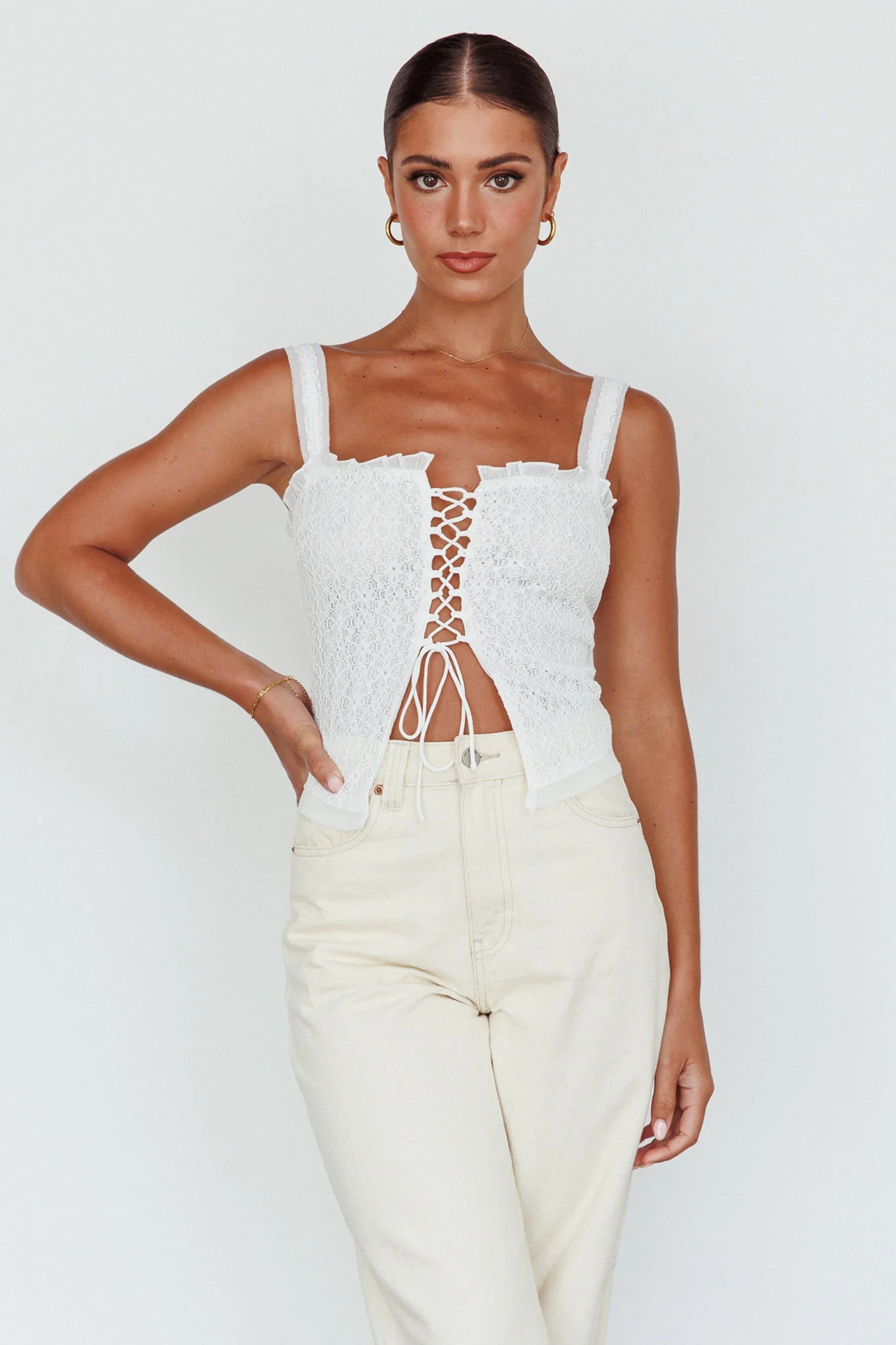 Never Miss Lace-Up Bust Top White