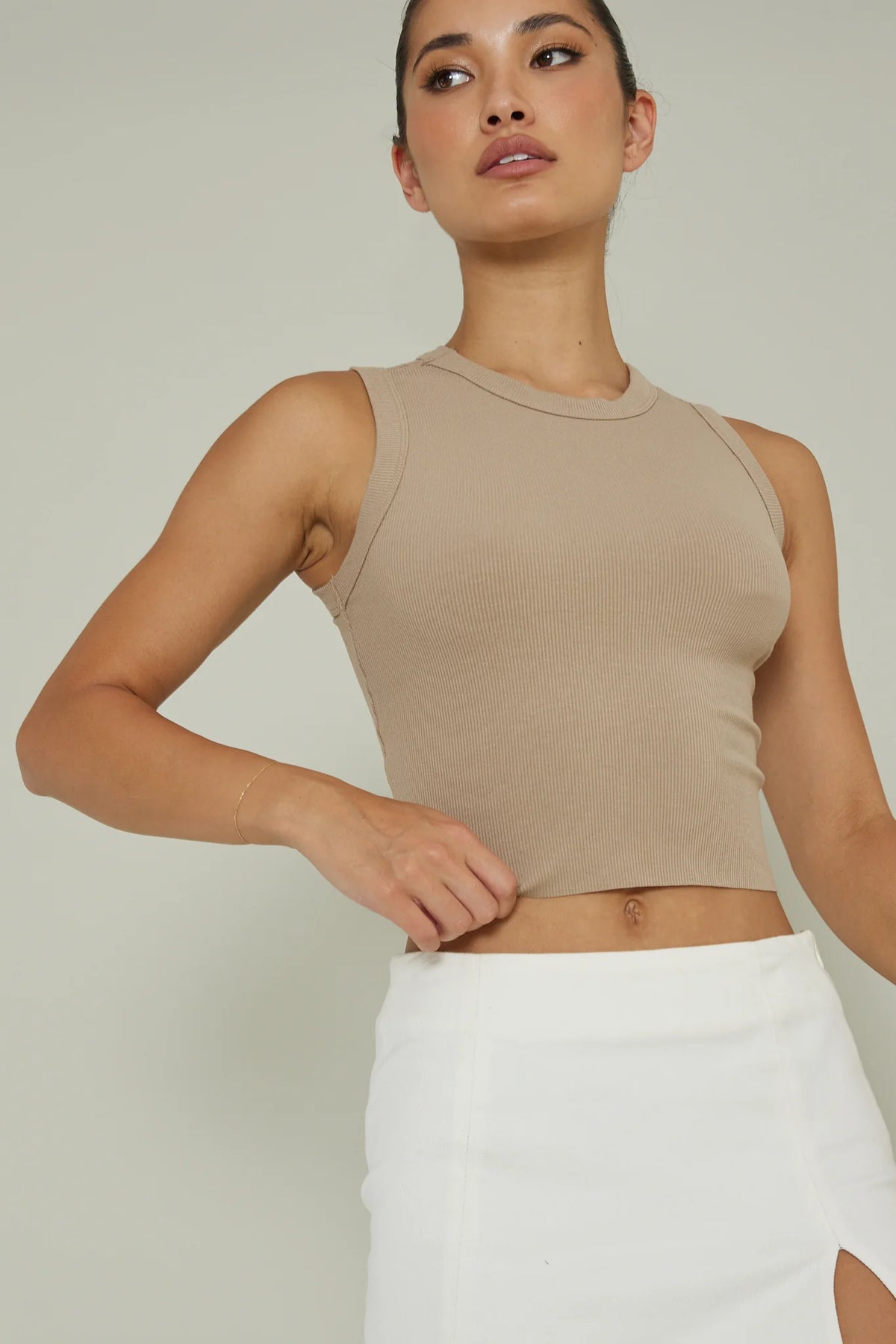 Mayra Crew Neck Crop Top Tan