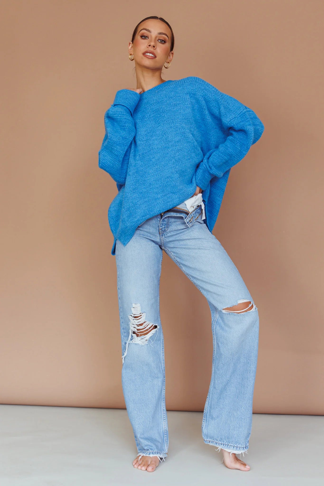 Kayce Dropped Shoulder Knit Sweater Cerulean