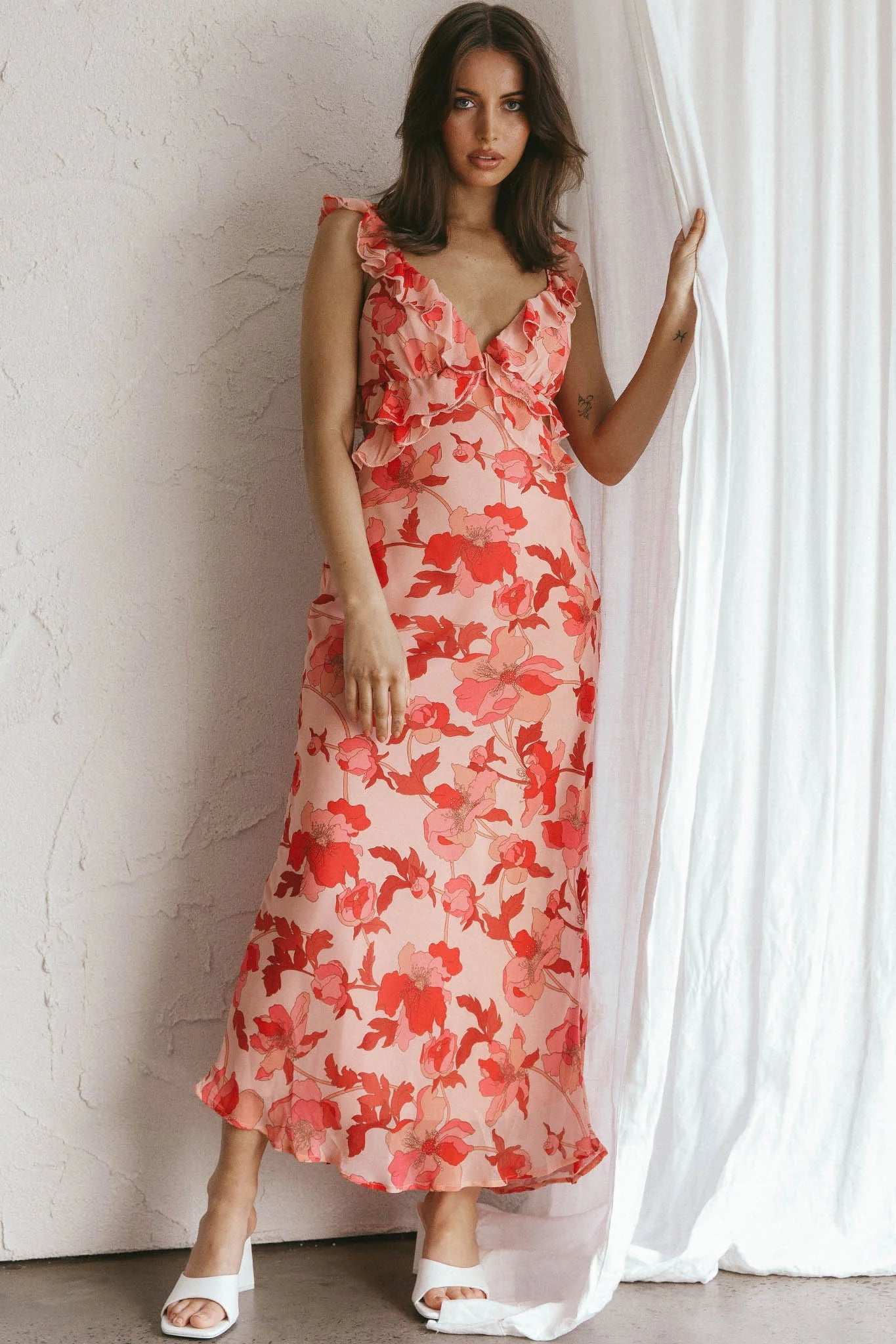 Second Chances Ruffle Trim Midi Dress Floral Pink