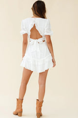 Andes Puff Sleeve Key-Hole Back Dress White
