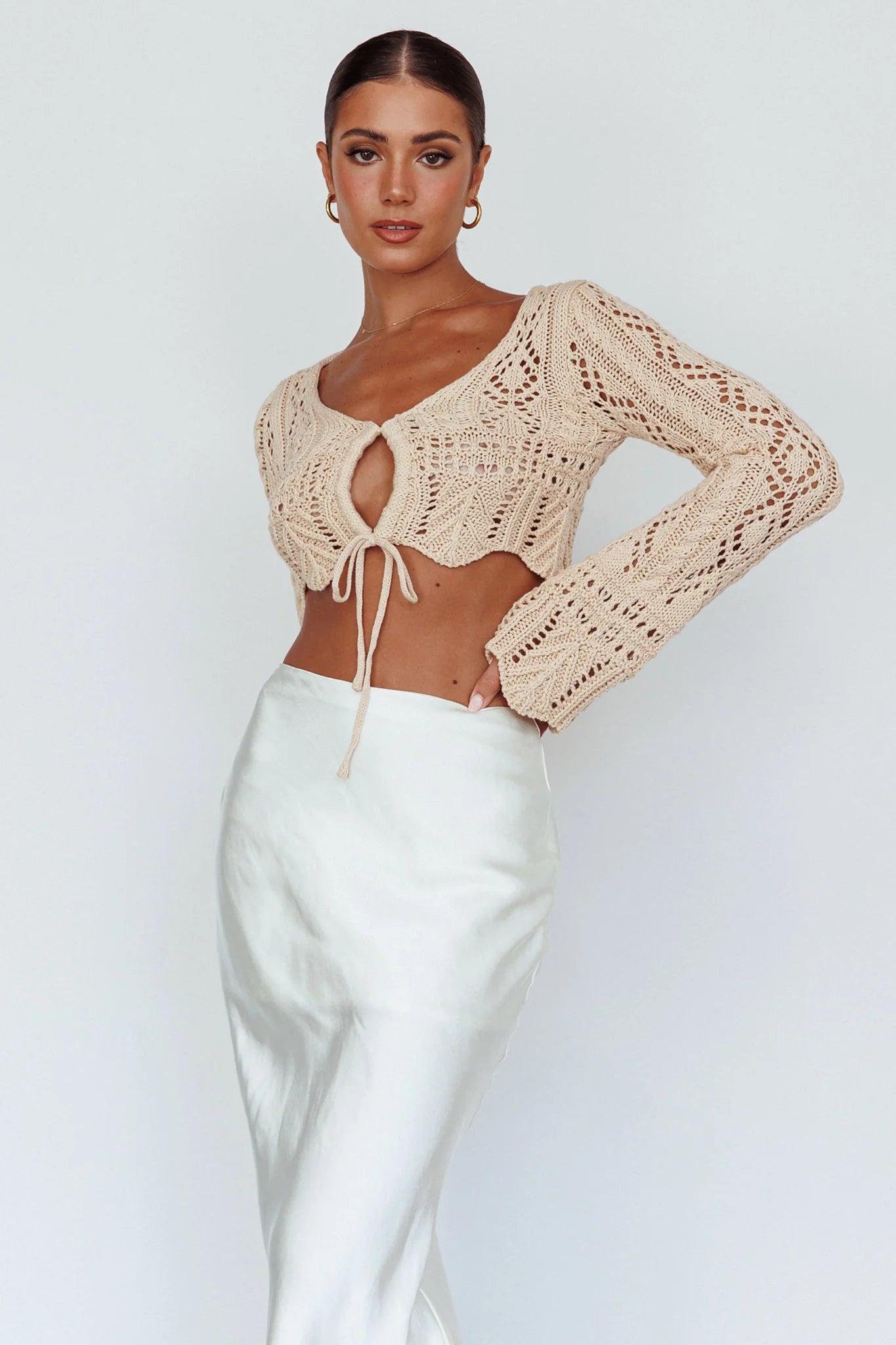 Maycie Long Sleeve Crochet Crop Top Beige