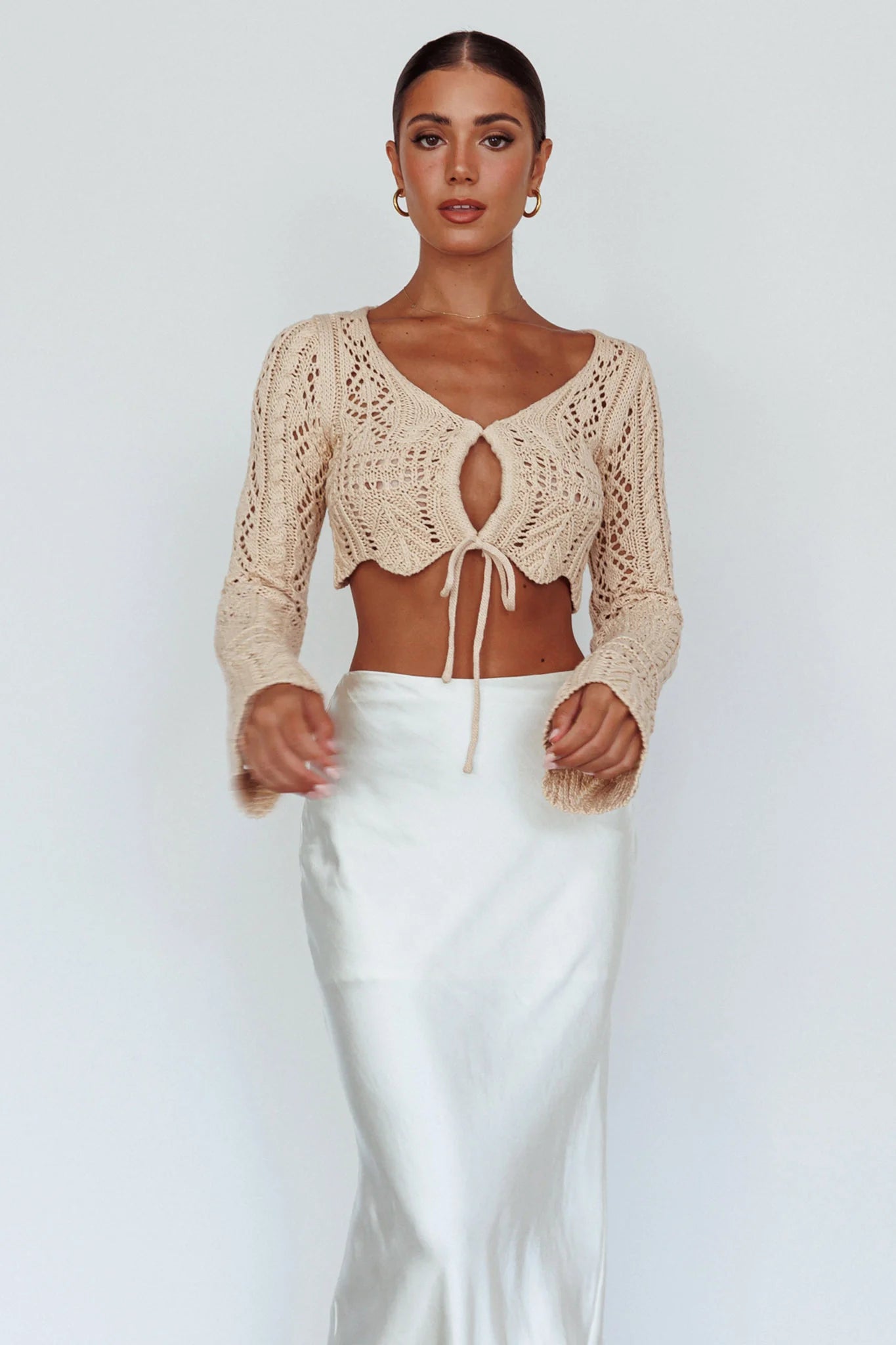 Maycie Long Sleeve Crochet Crop Top Beige