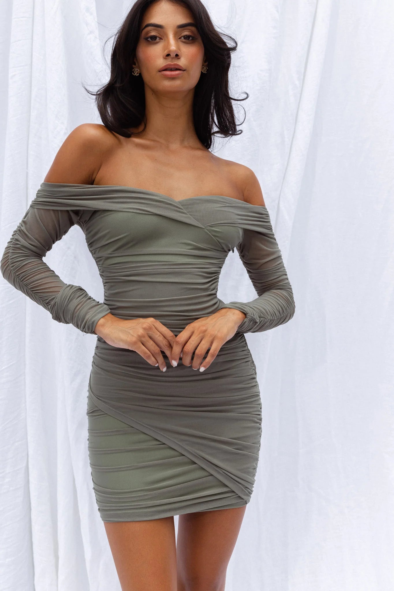 Moonrise Off-Shoulder Crossover Neckline Long Sleeve Ruched Dress Olive
