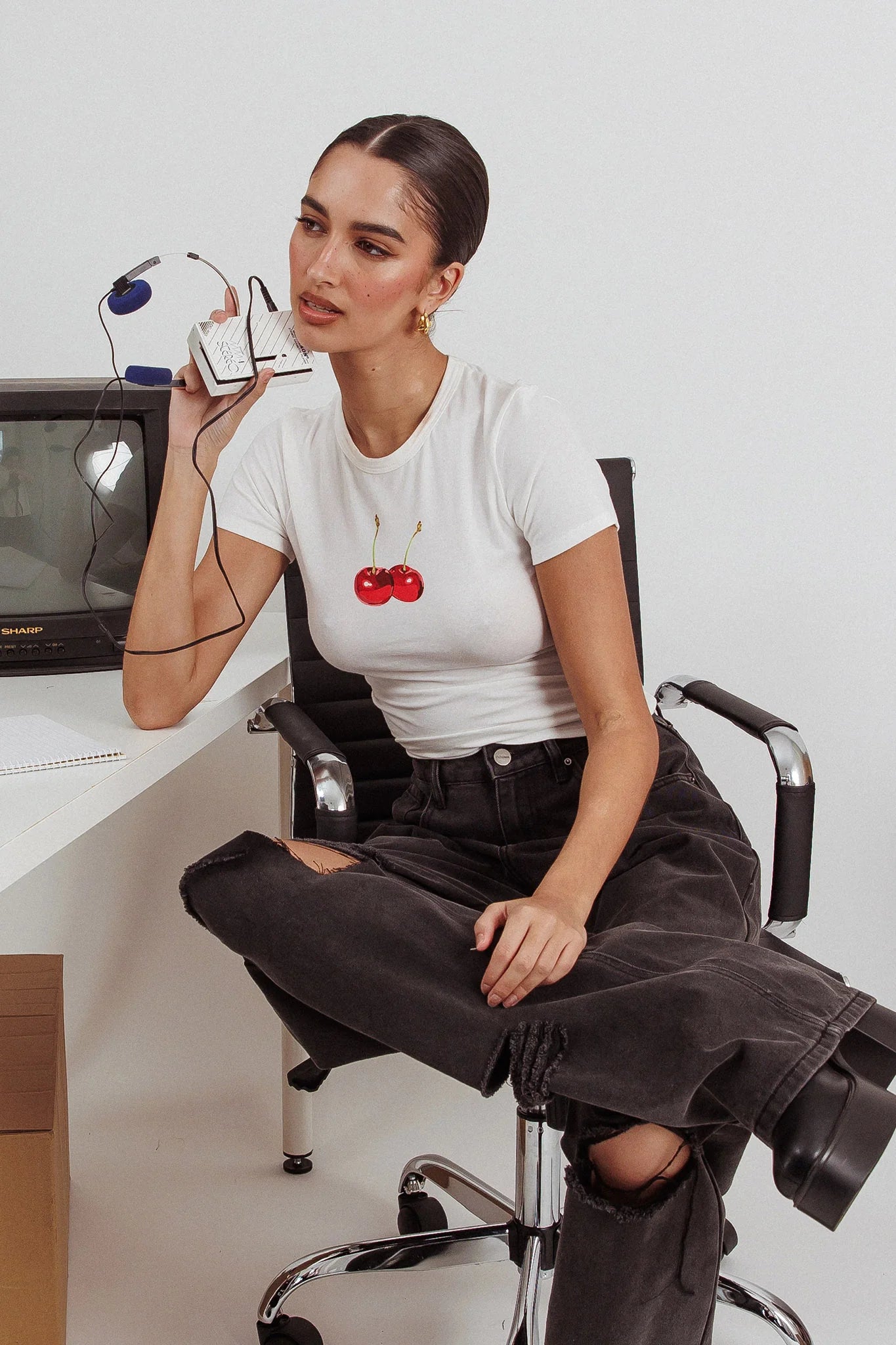 Lanna Cherry Print Baby Tee White