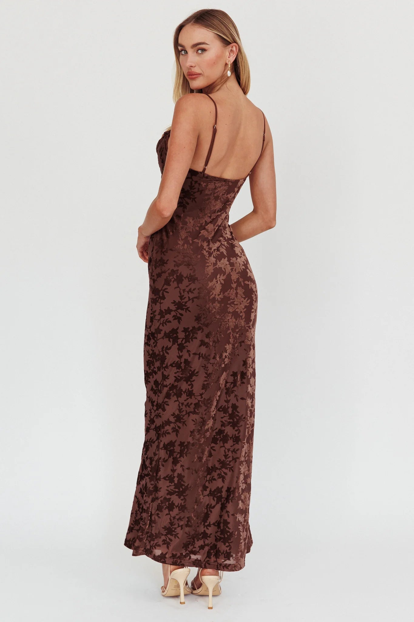Well Versed Burnout Velvet Maxi Dress Chocolate