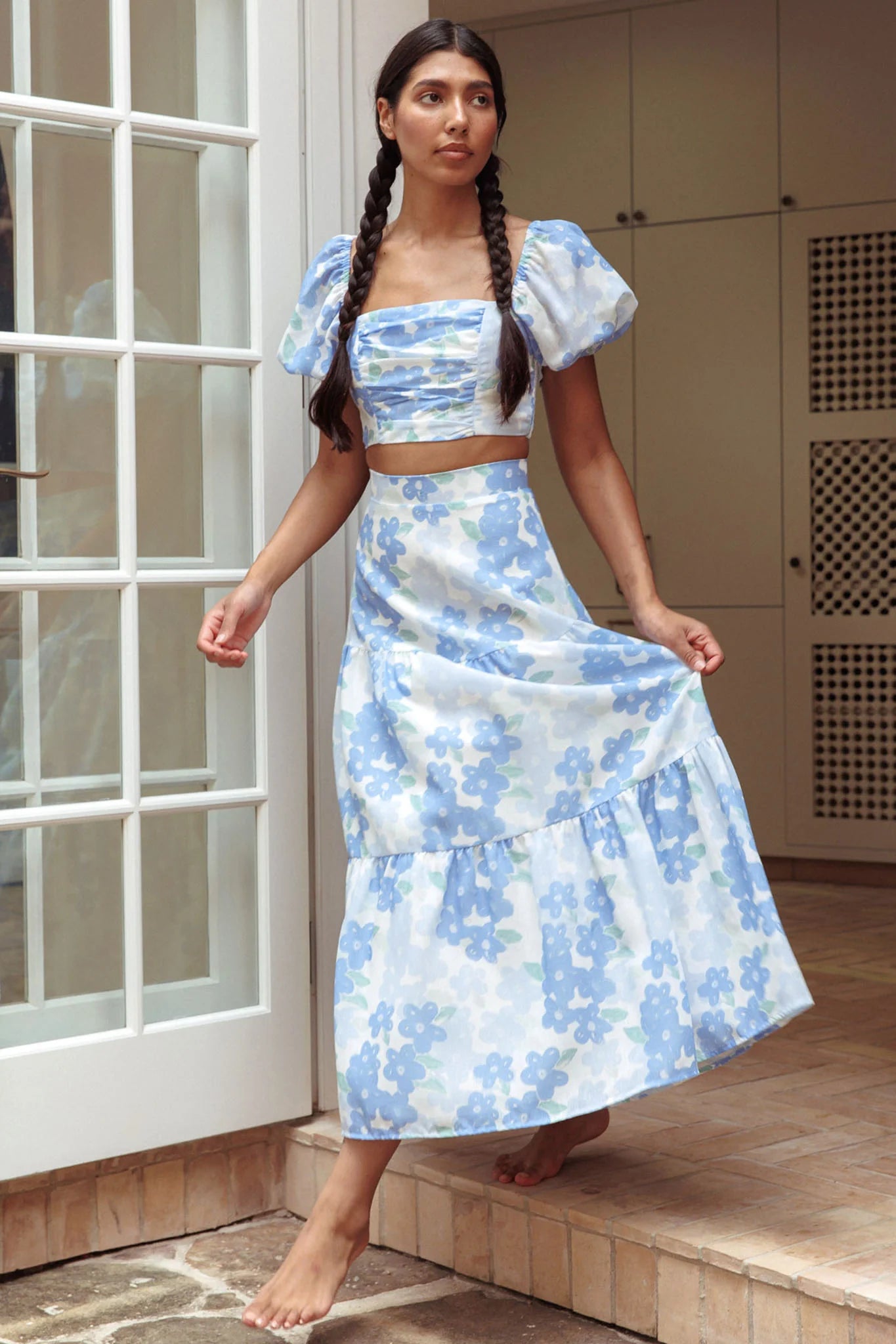 The Moment Puff Sleeve Crop Top Floral Blue