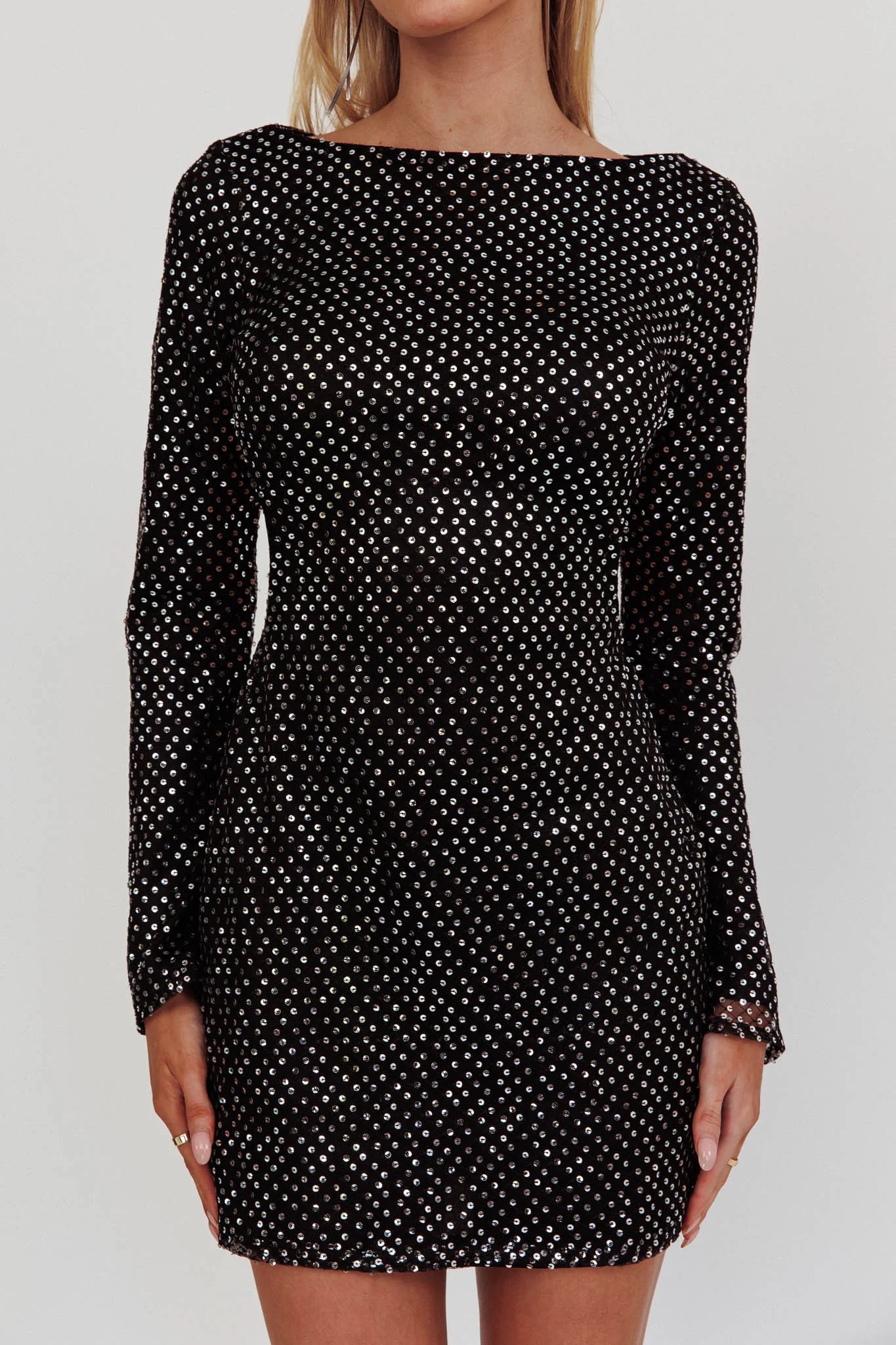Lakshmi Long Sleeve Open Back Mini Dress Spangle Black
