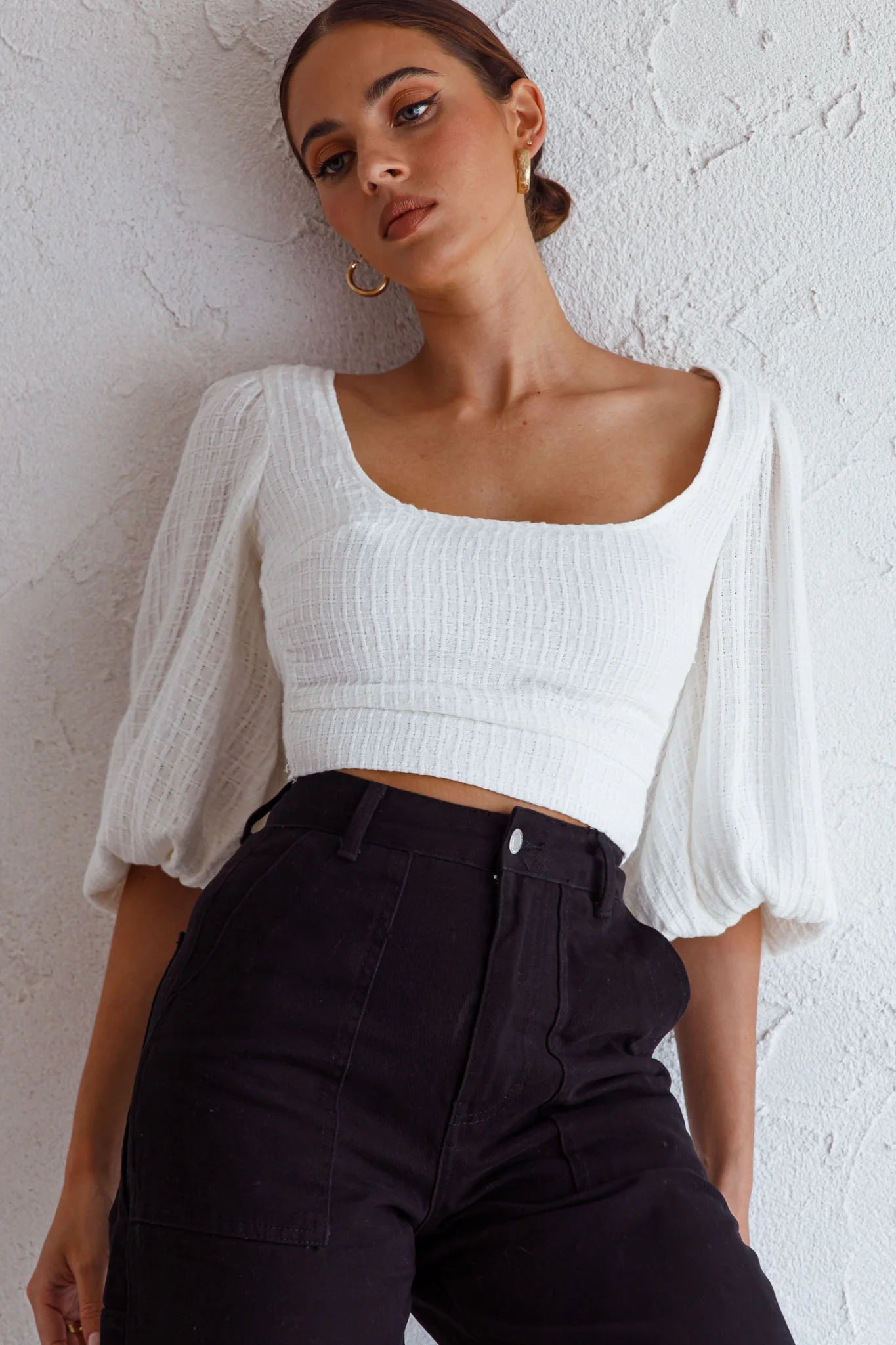 Love Like This Balloon Sleeve Open Back Crop Top Textured White
