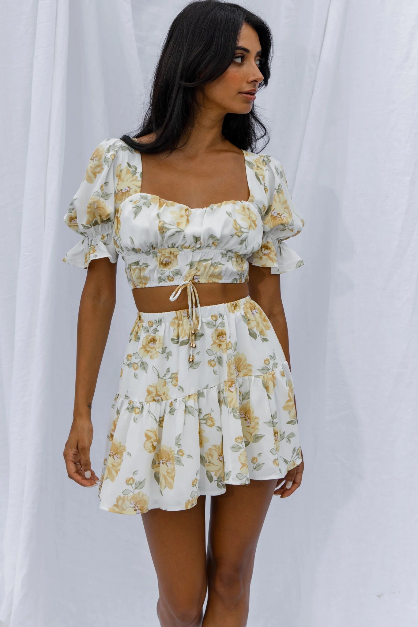 Lilibet Puff Sleeve Drawstring Crop Top Floral White