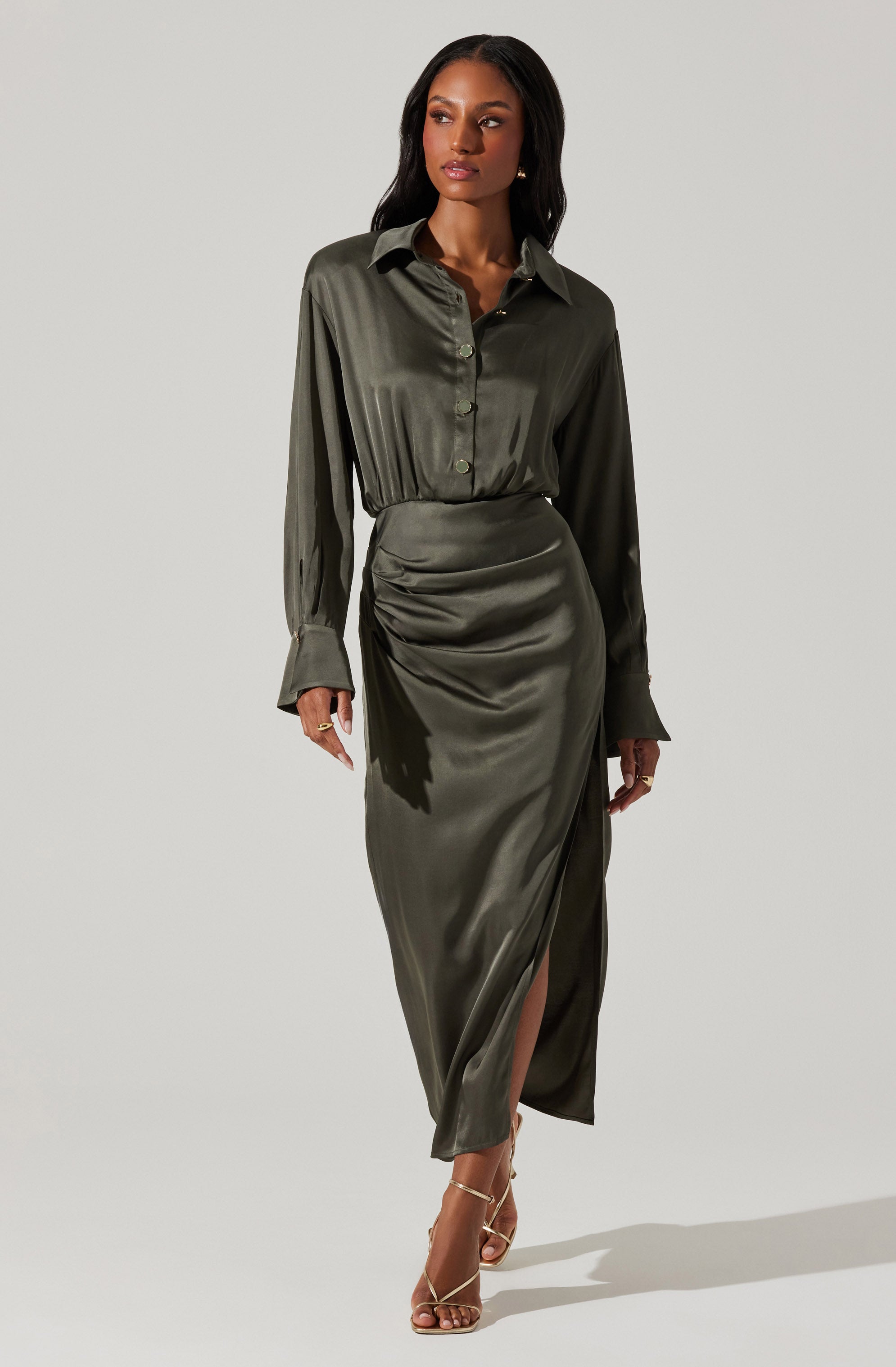 Elizabello Satin Midi Shirt Dress