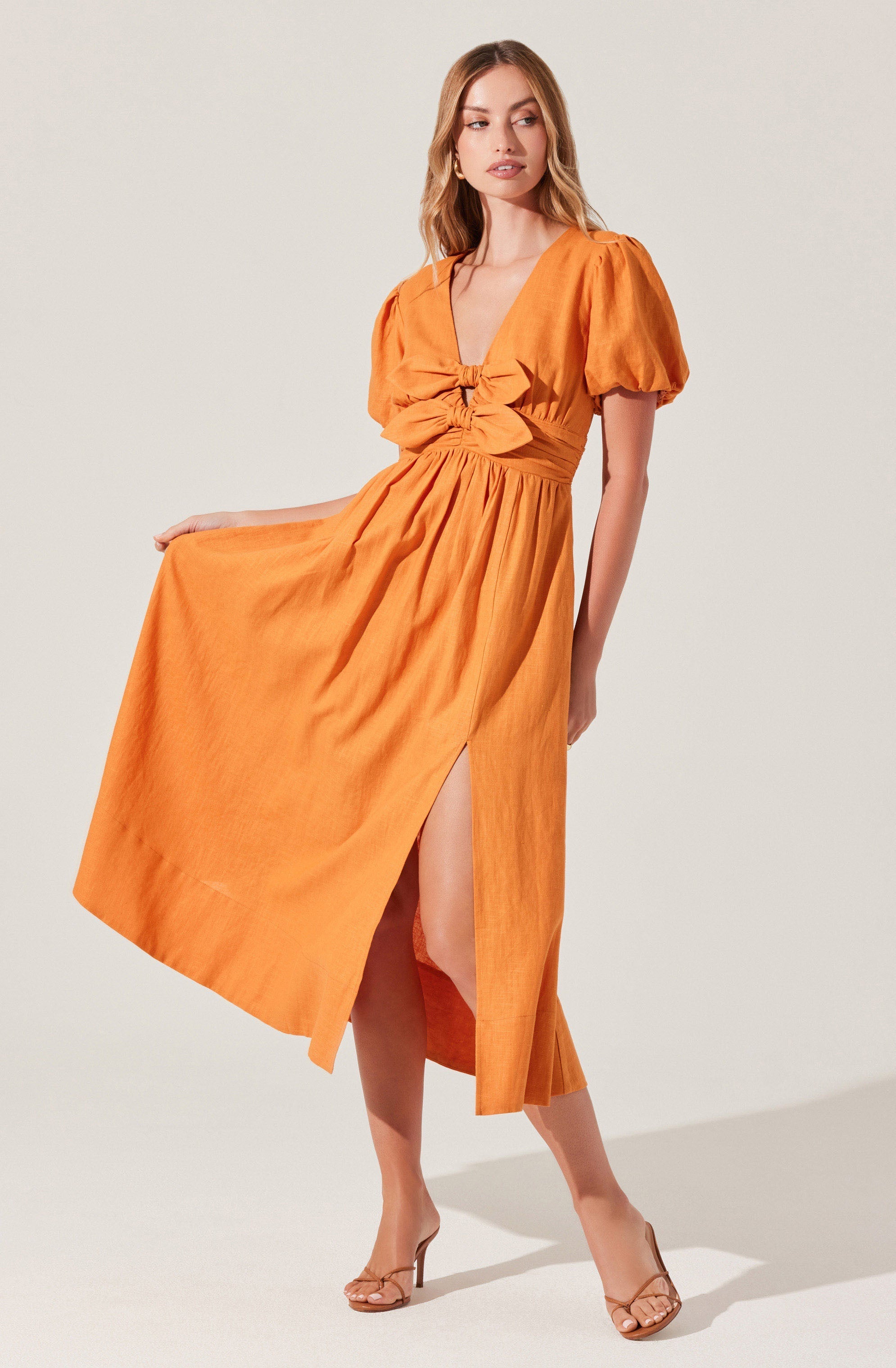 Citrine Linen Bow Front Midi Dress