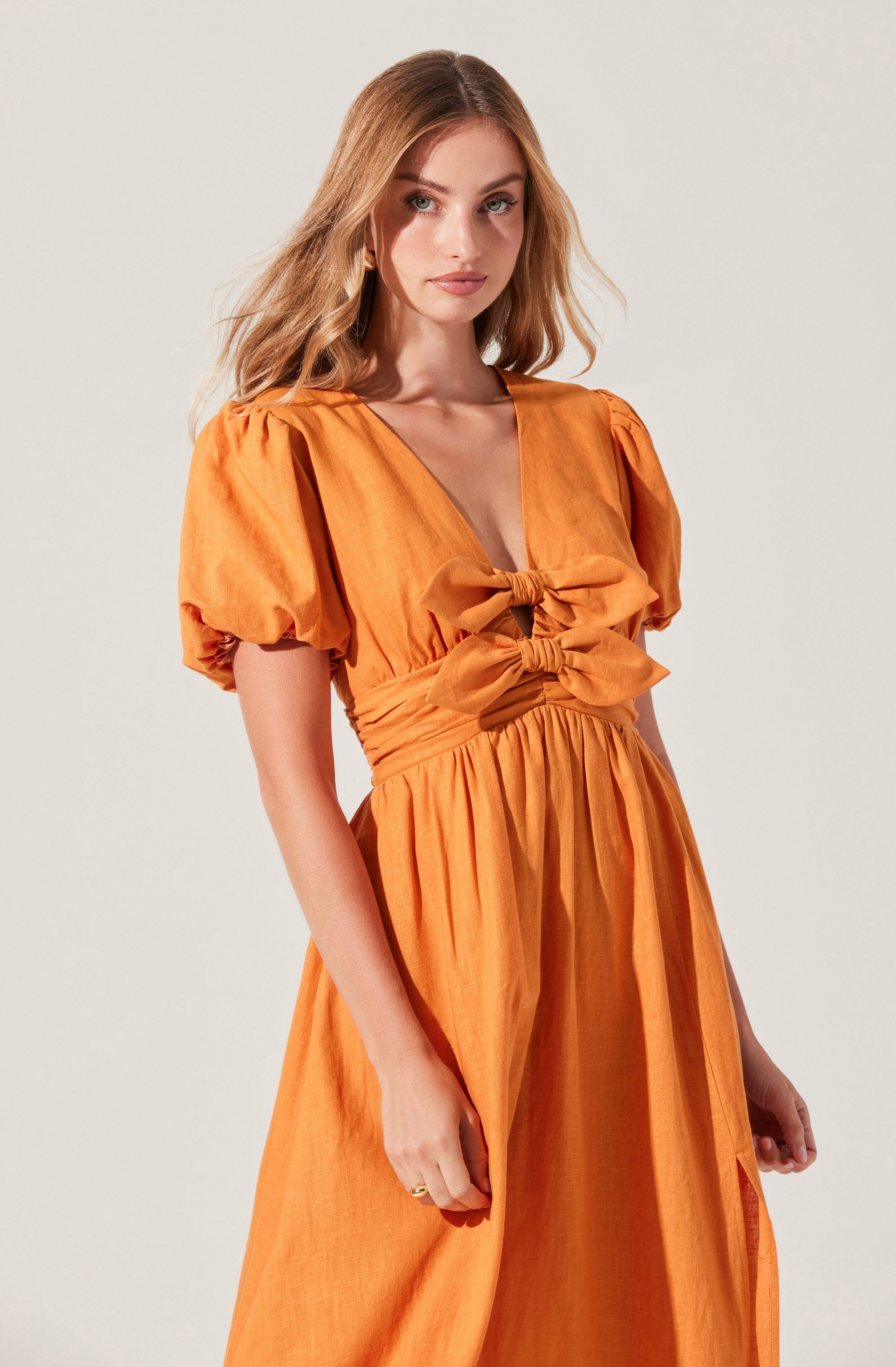 Citrine Linen Bow Front Midi Dress