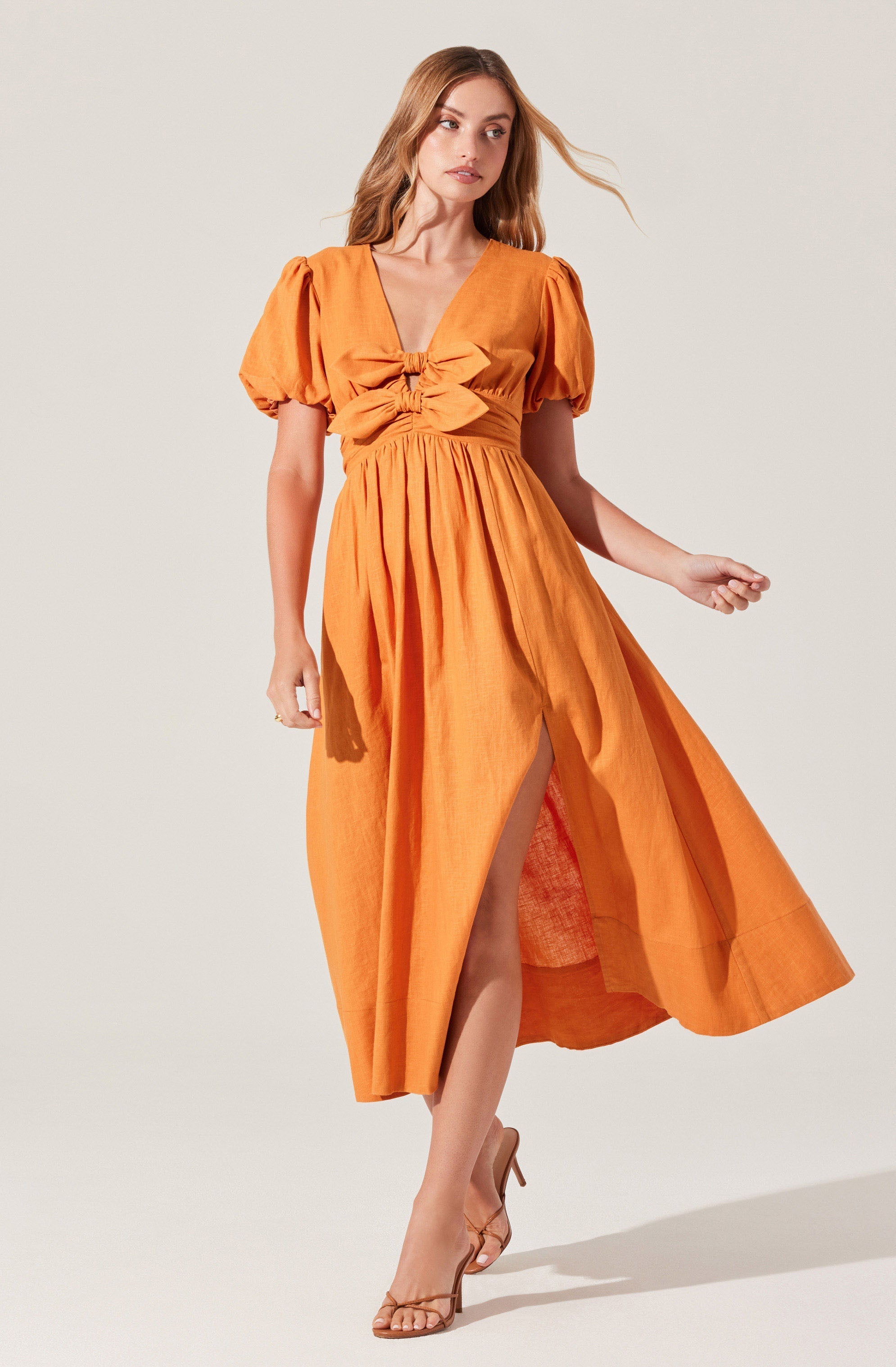 Citrine Linen Bow Front Midi Dress