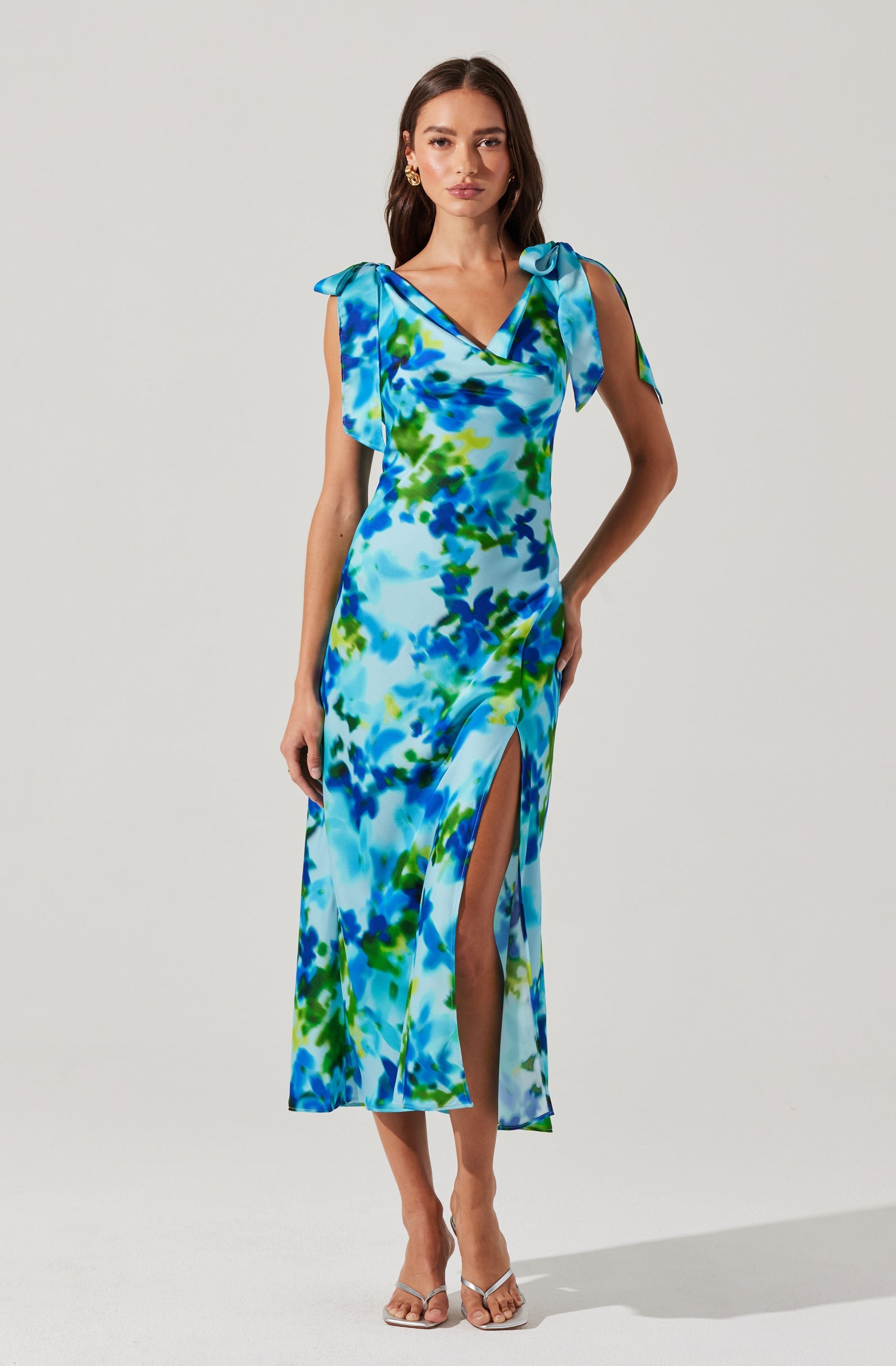 Allexina Satin Cowl Neck Midi Dress