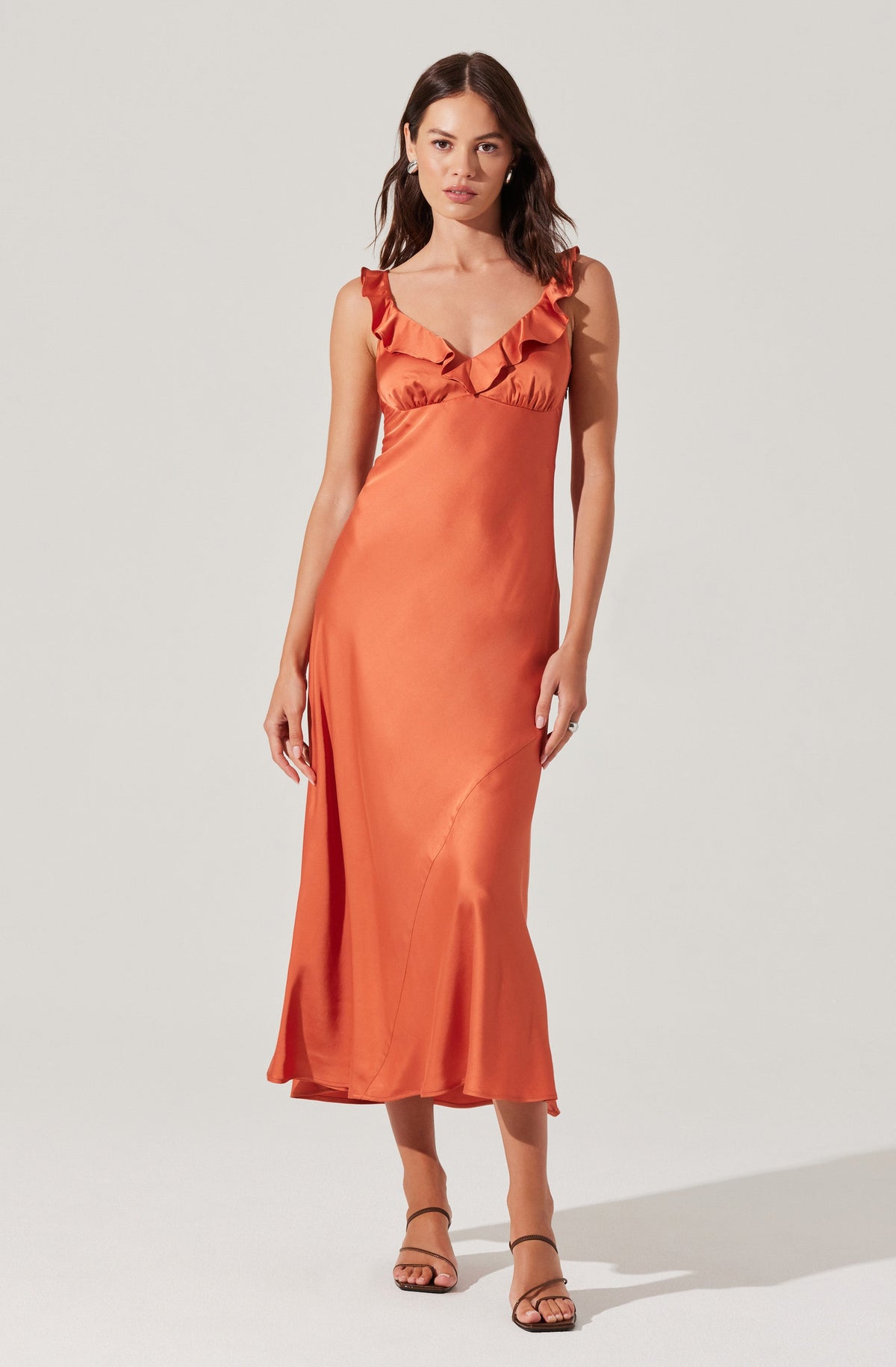 Zoie Satin Ruffle Midi Dress