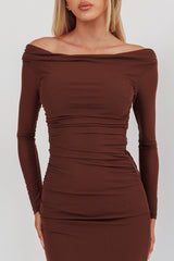 In Blooms Off Shoulder Mesh Maxi Dress Chocolate