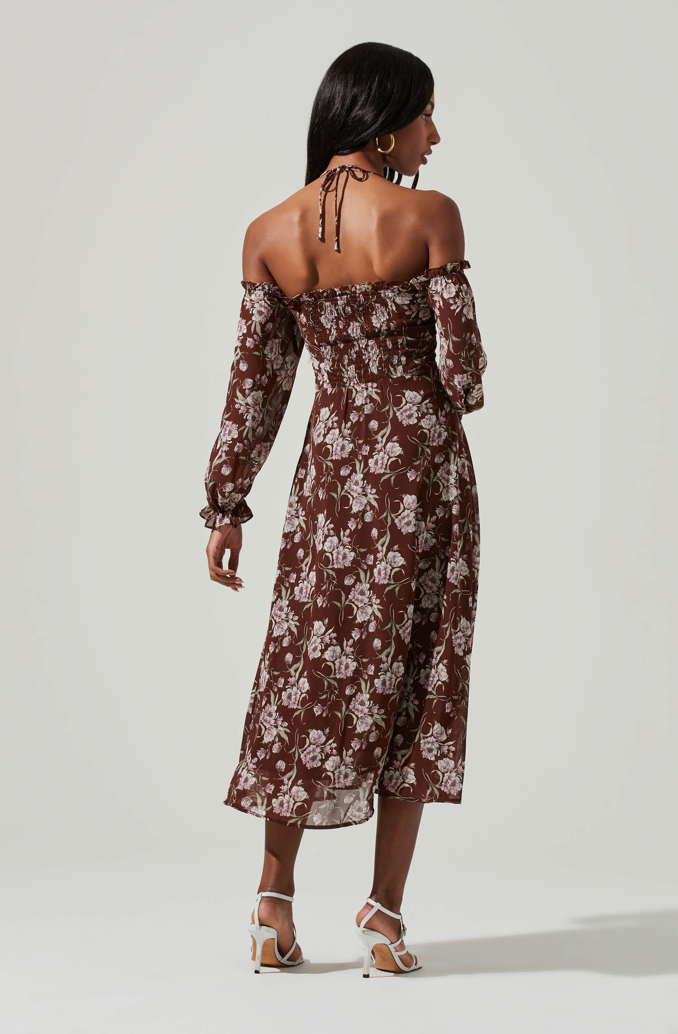 Off Shoulder Long Sleeve Cinched Bust Midi Dress