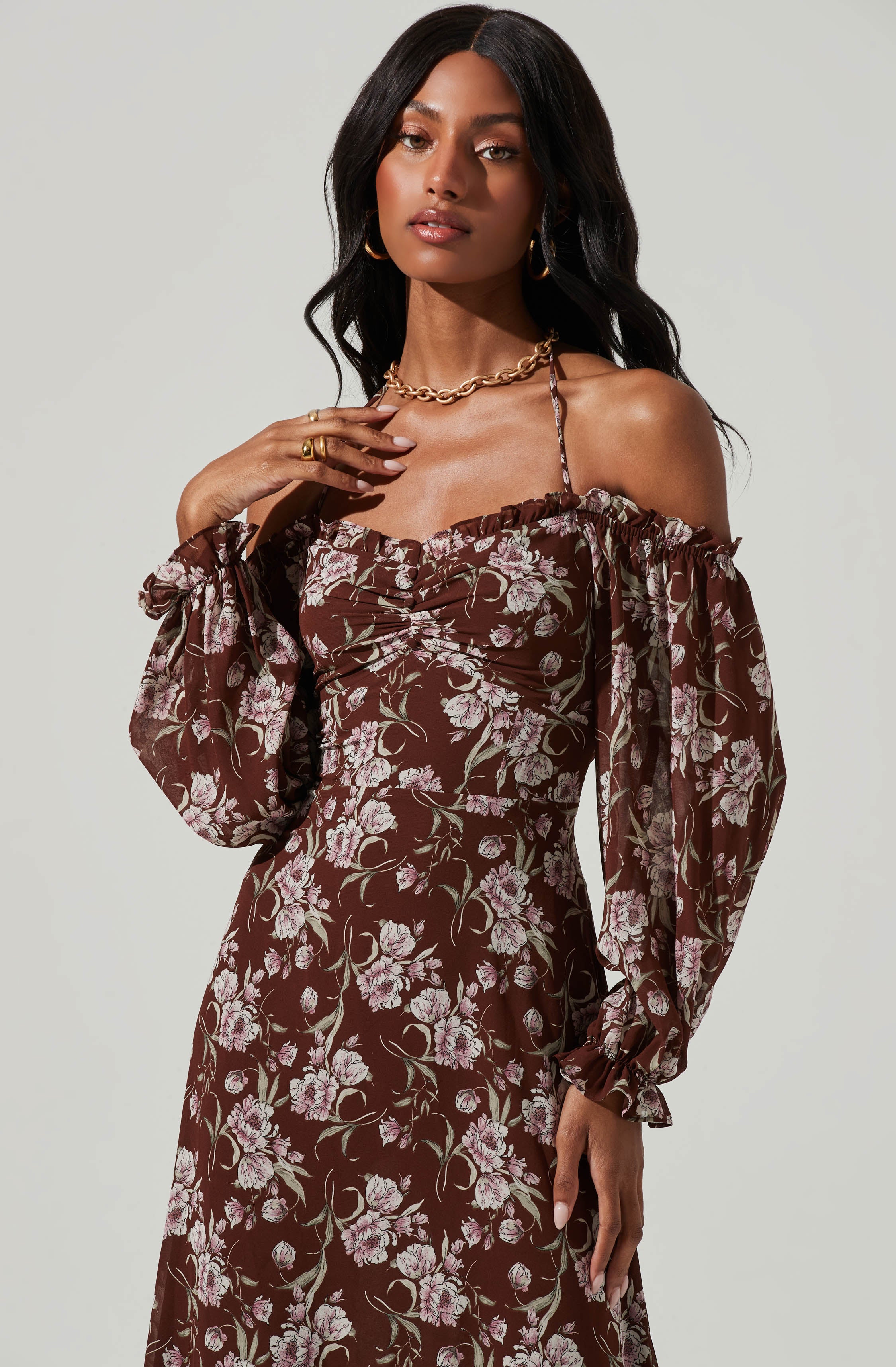 Off Shoulder Long Sleeve Cinched Bust Midi Dress