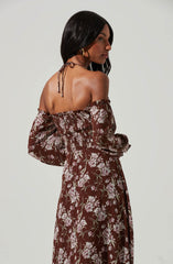 Off Shoulder Long Sleeve Cinched Bust Midi Dress