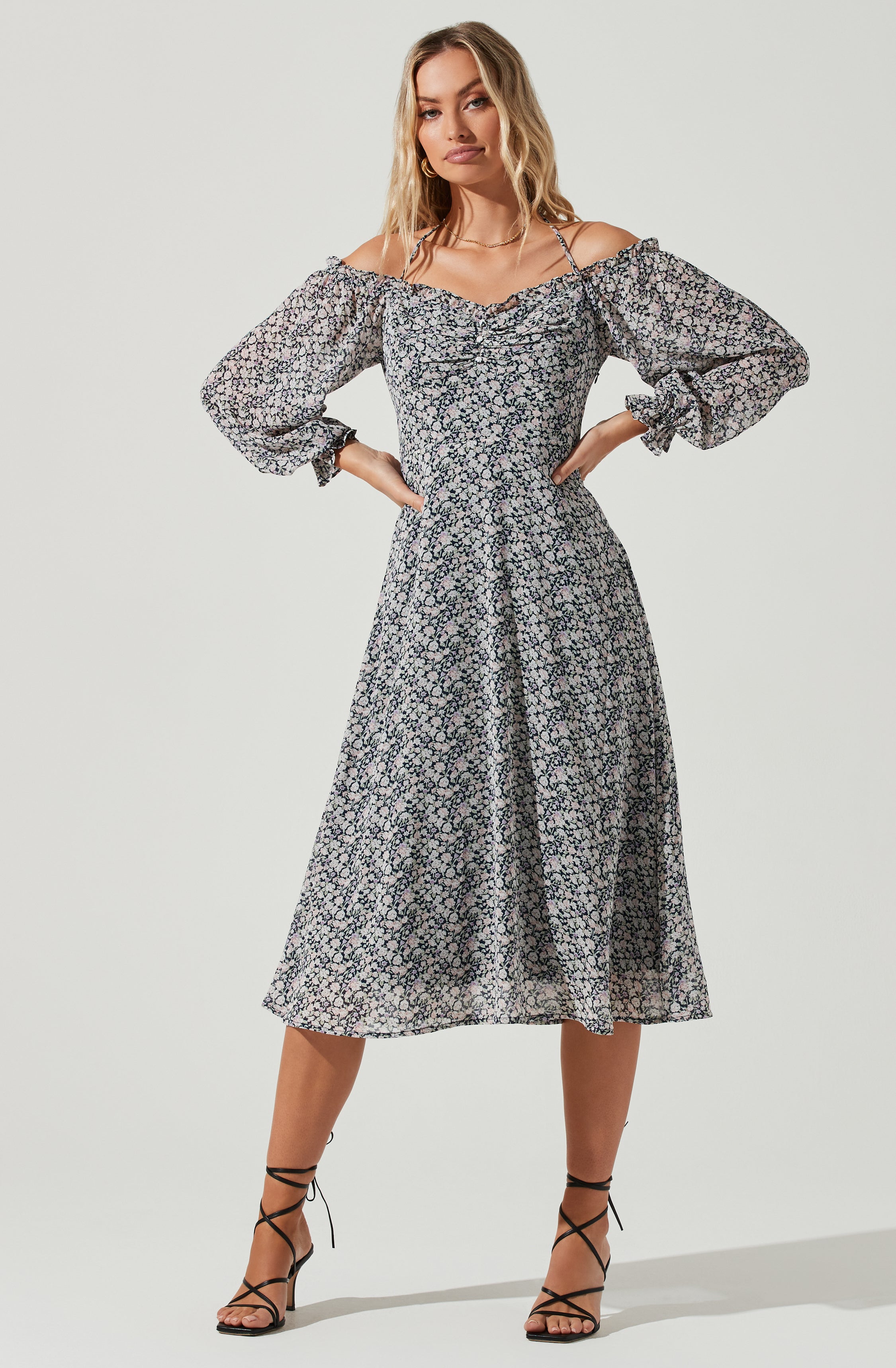 Off Shoulder Long Sleeve Cinched Bust Midi Dress