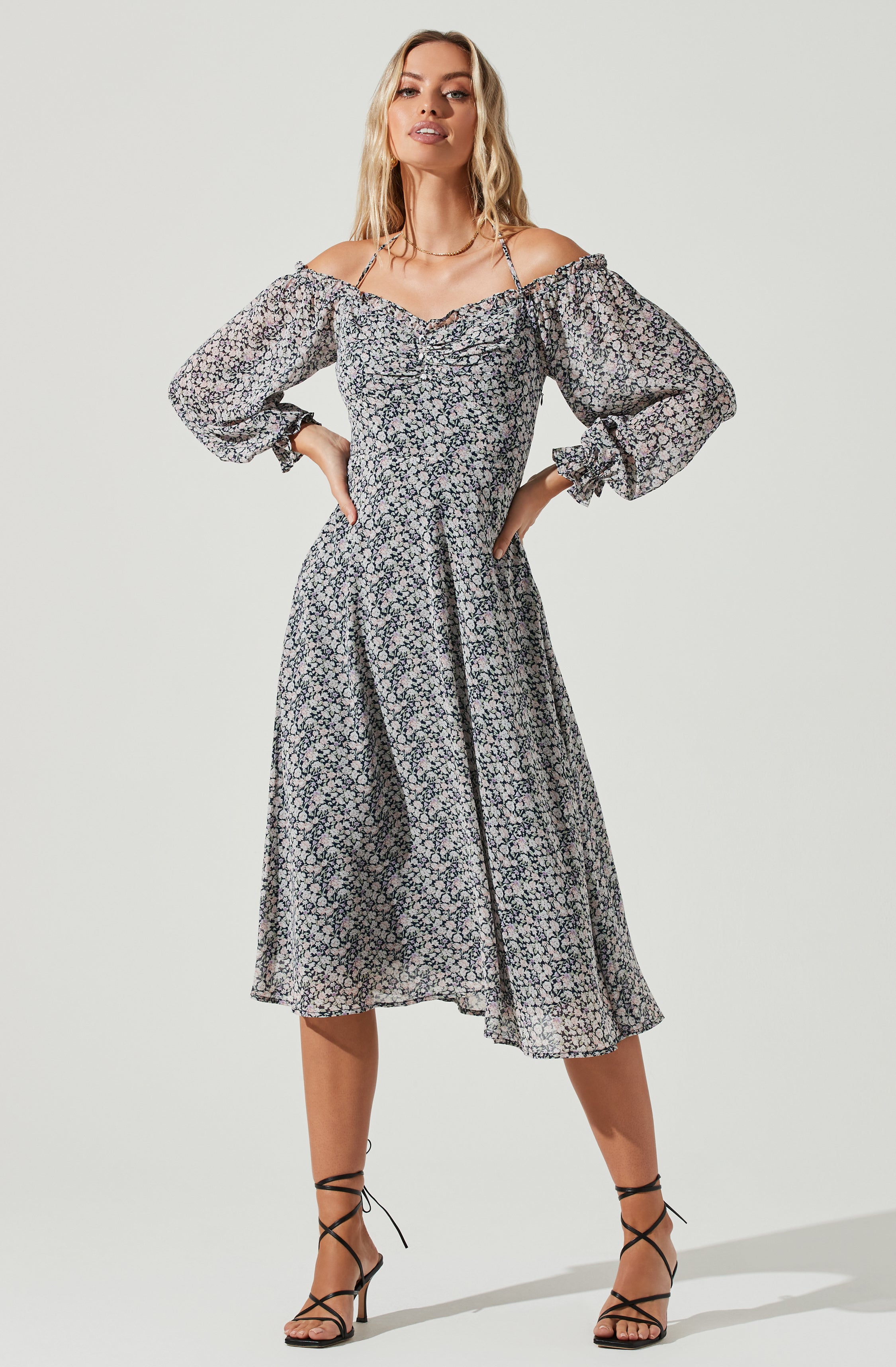 Off Shoulder Long Sleeve Cinched Bust Midi Dress