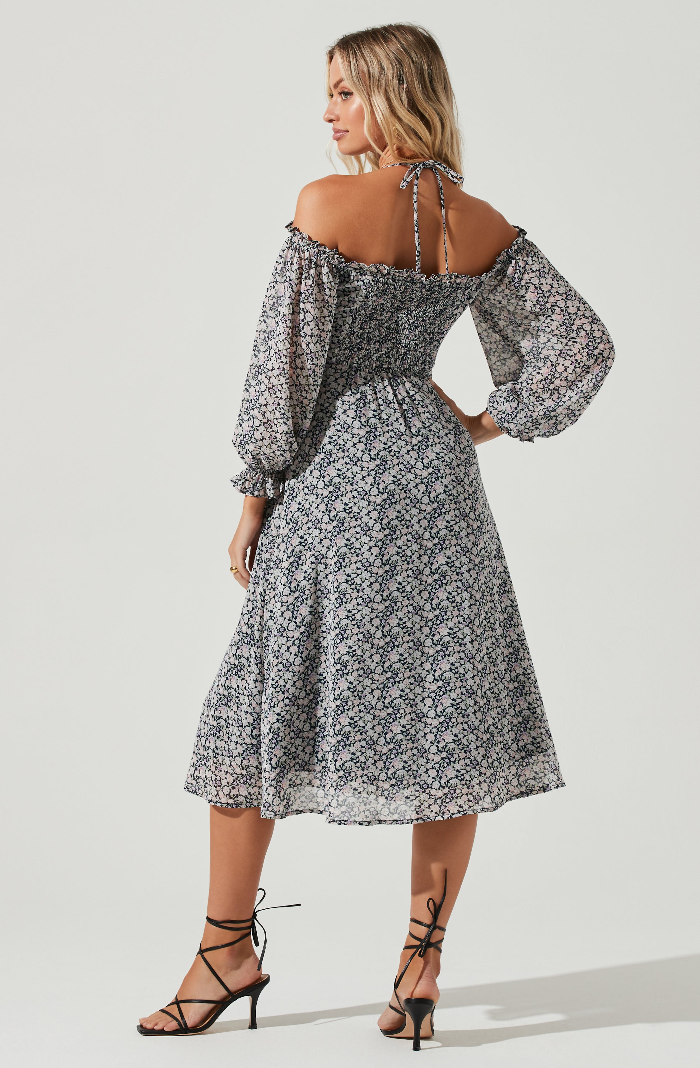 Off Shoulder Long Sleeve Cinched Bust Midi Dress
