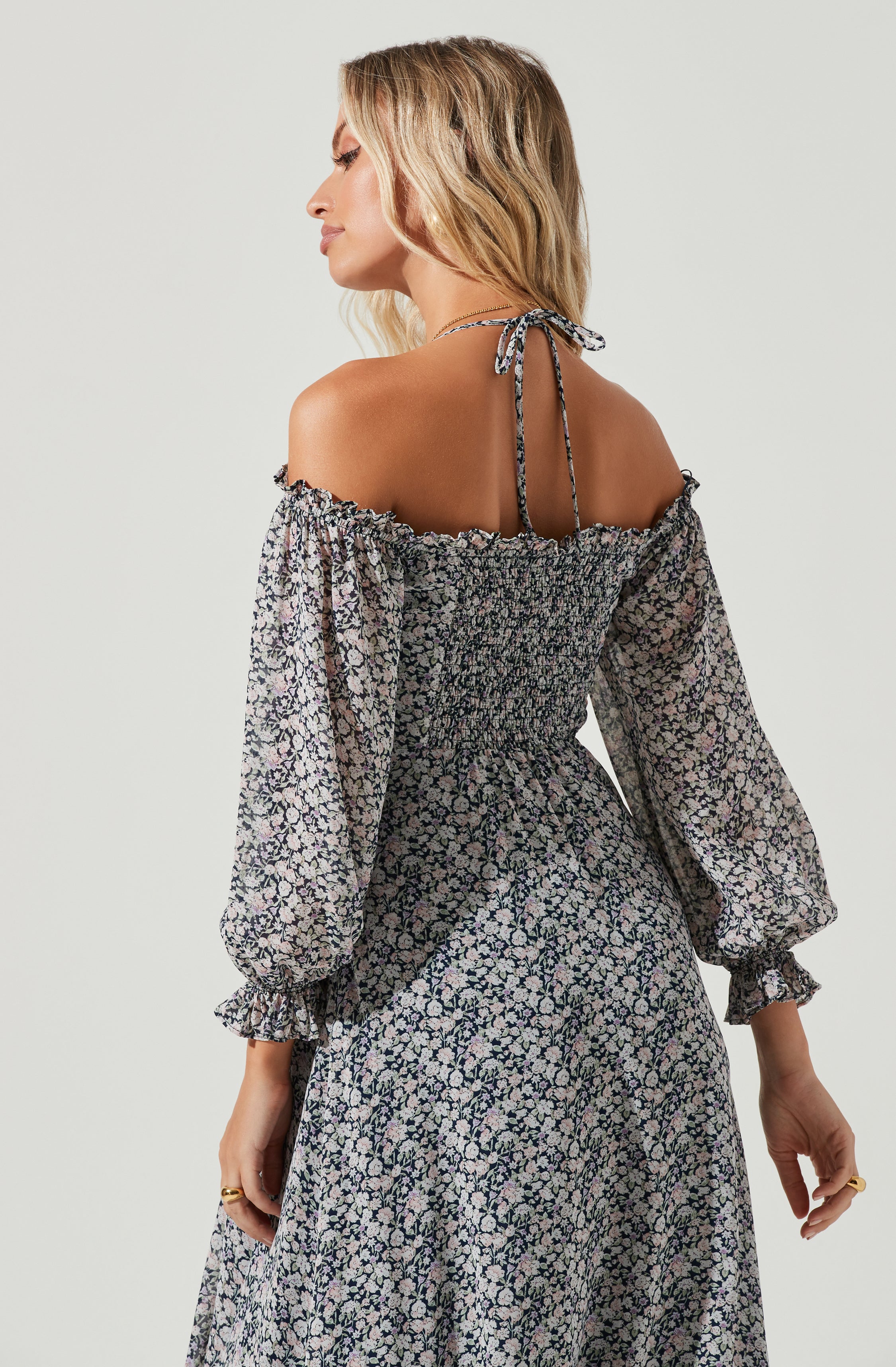 Off Shoulder Long Sleeve Cinched Bust Midi Dress