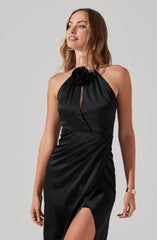 Flower Corsage Halter Midi Dress