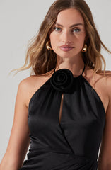 Flower Corsage Halter Midi Dress