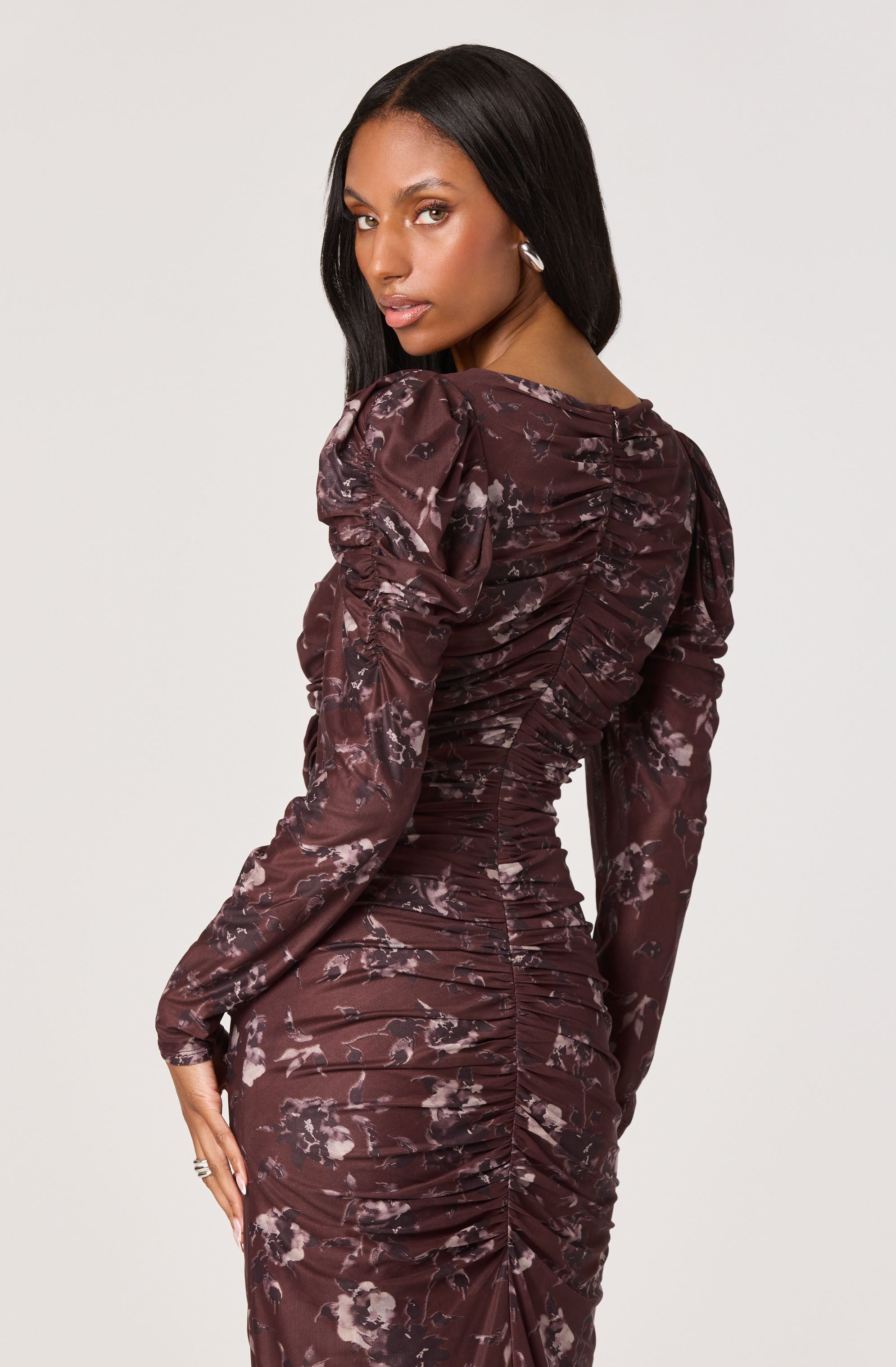 Ruched Mesh Midi Dress