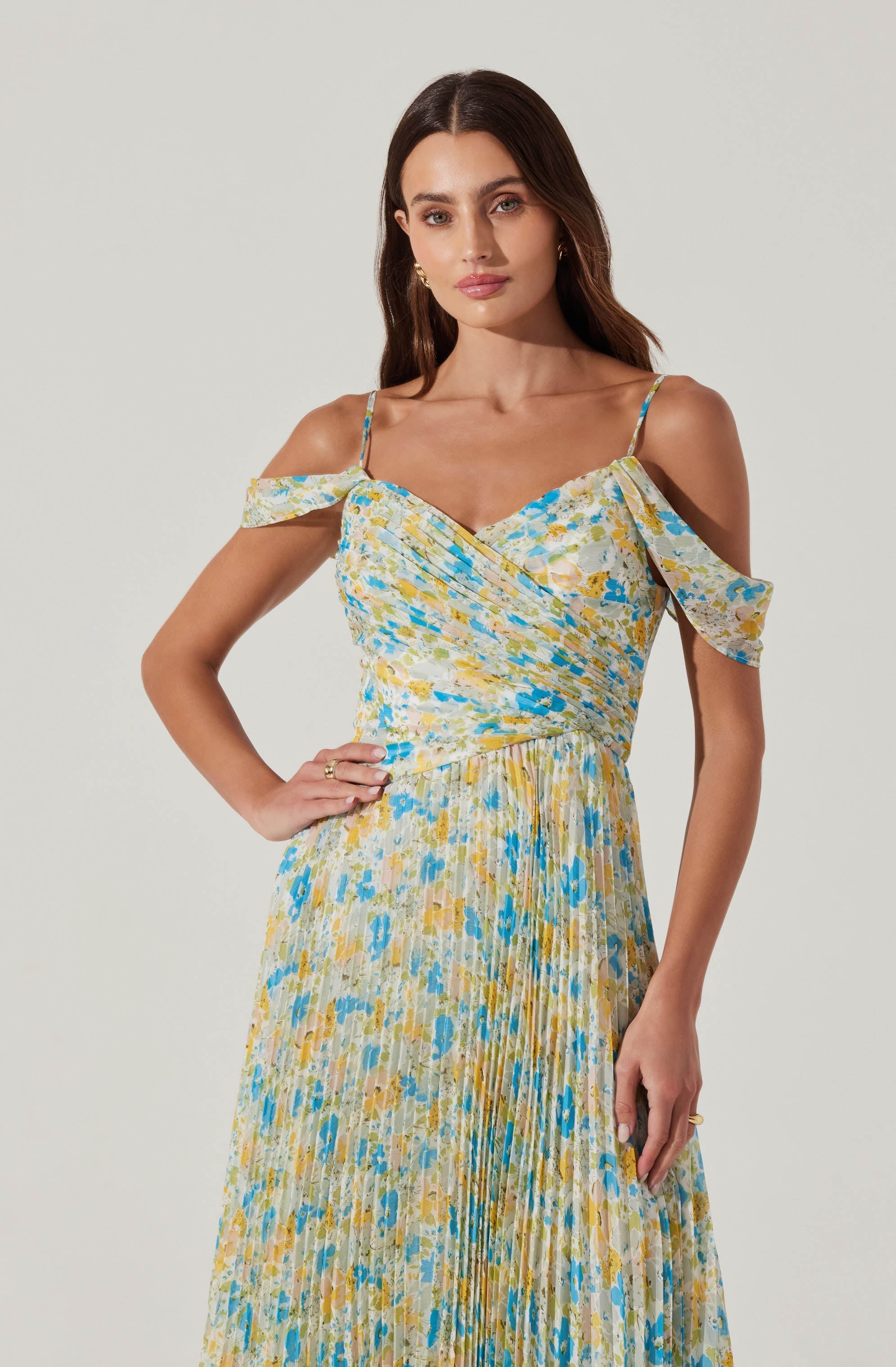 Pleated Cold Shoulder Midi Dress