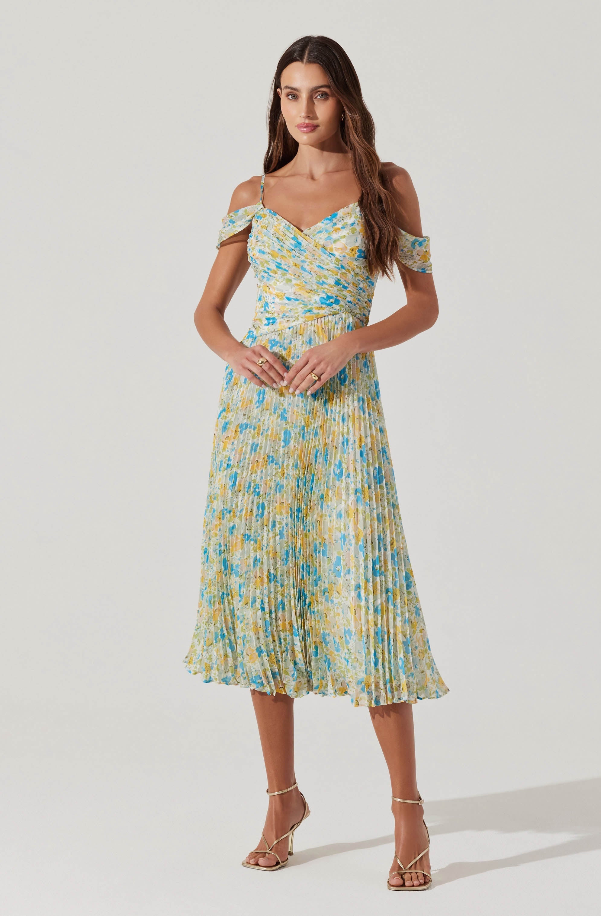 Pleated Cold Shoulder Midi Dress