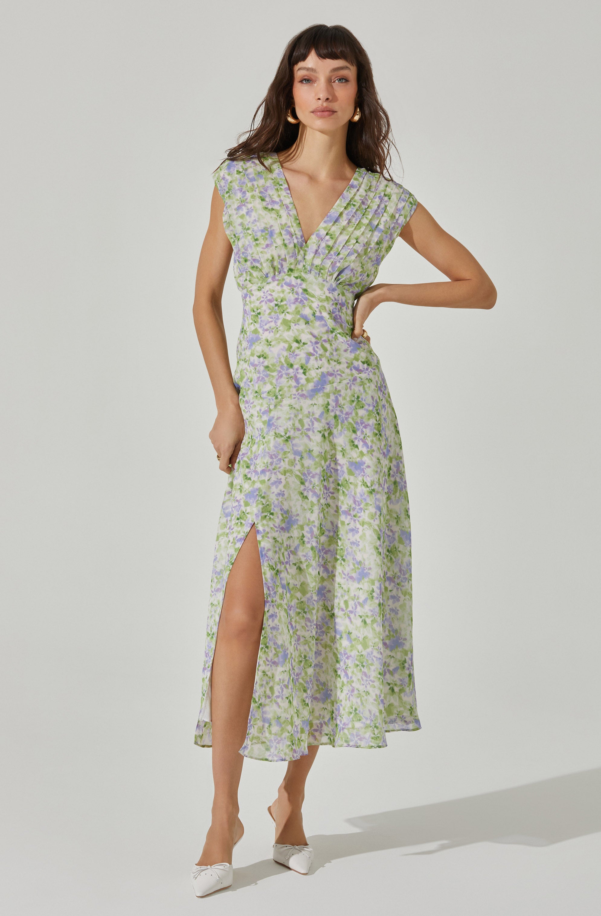 V-Neck Pleated Midi Dress