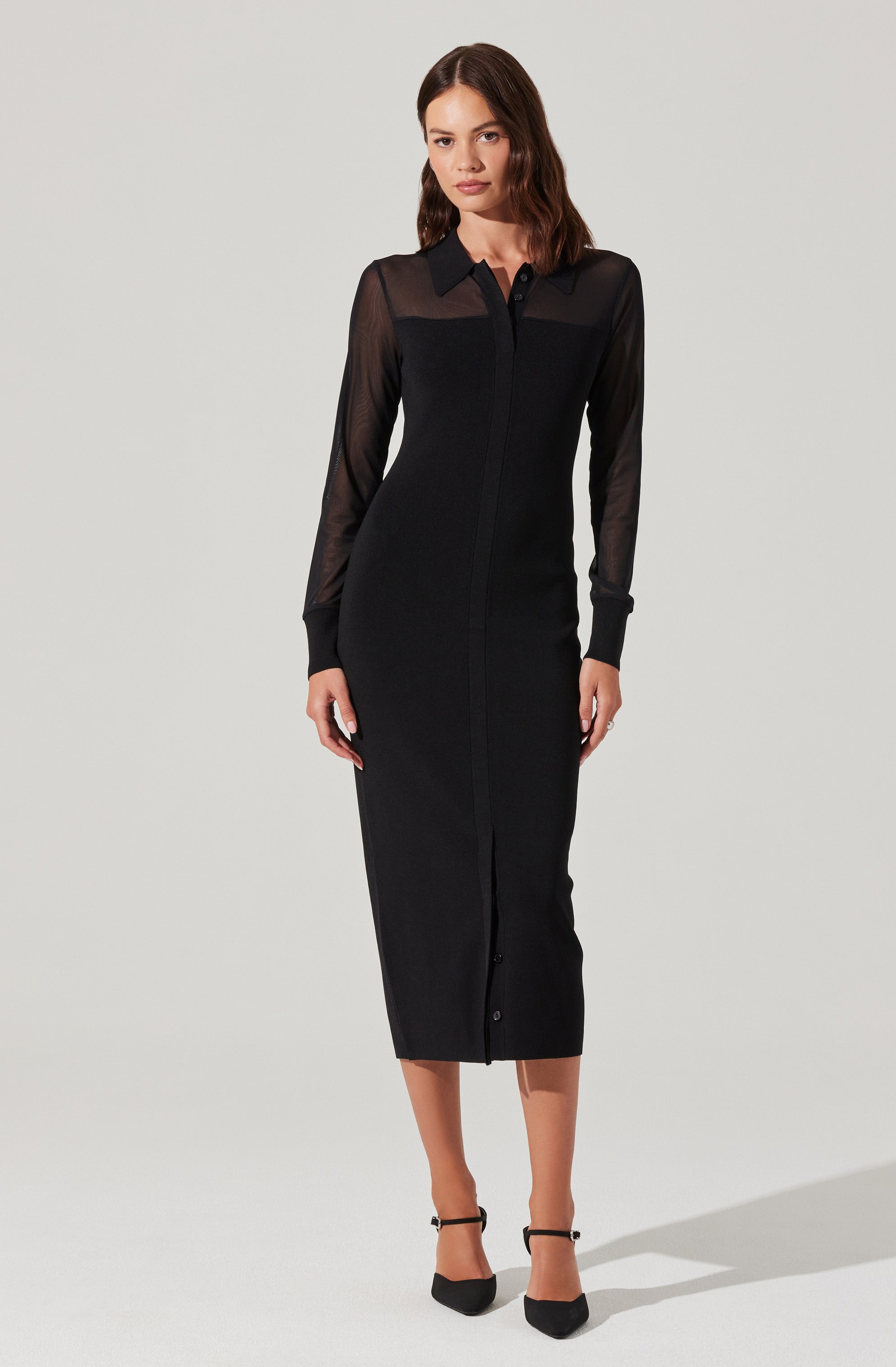 Contrast Mesh Collared Midi Dress