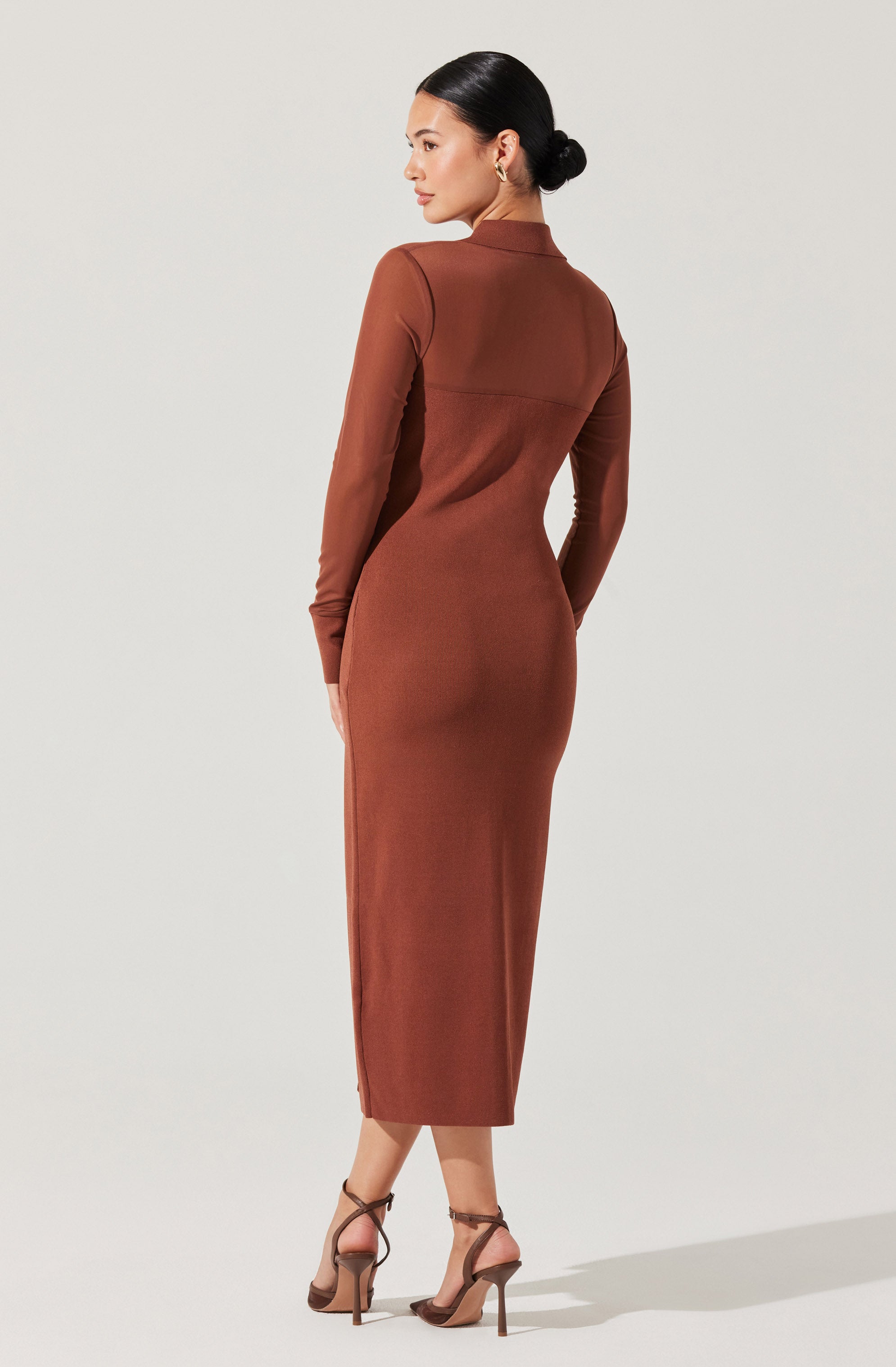 Contrast Mesh Collared Midi Dress