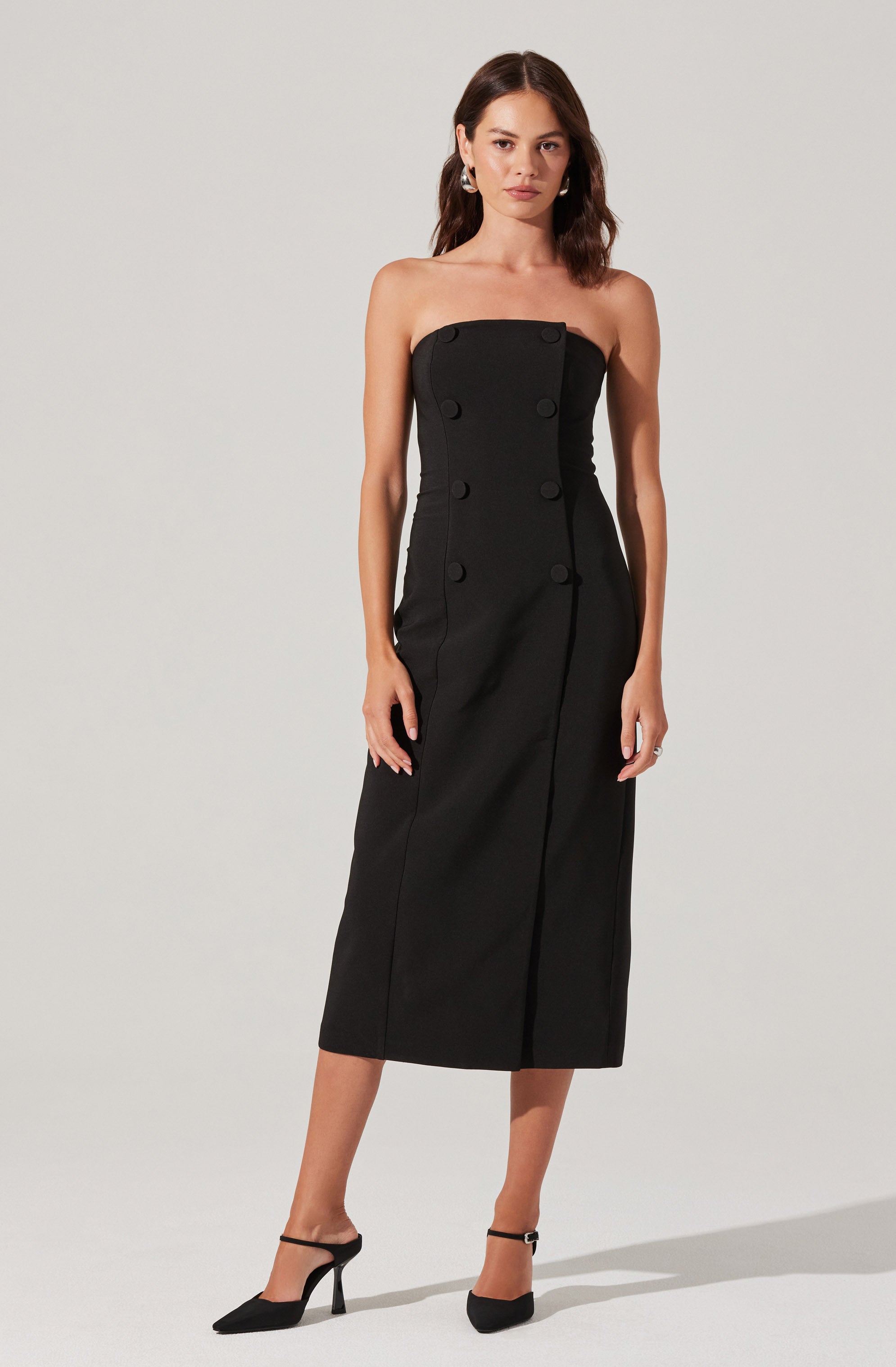Strapless Double-Breasted Midi Dress