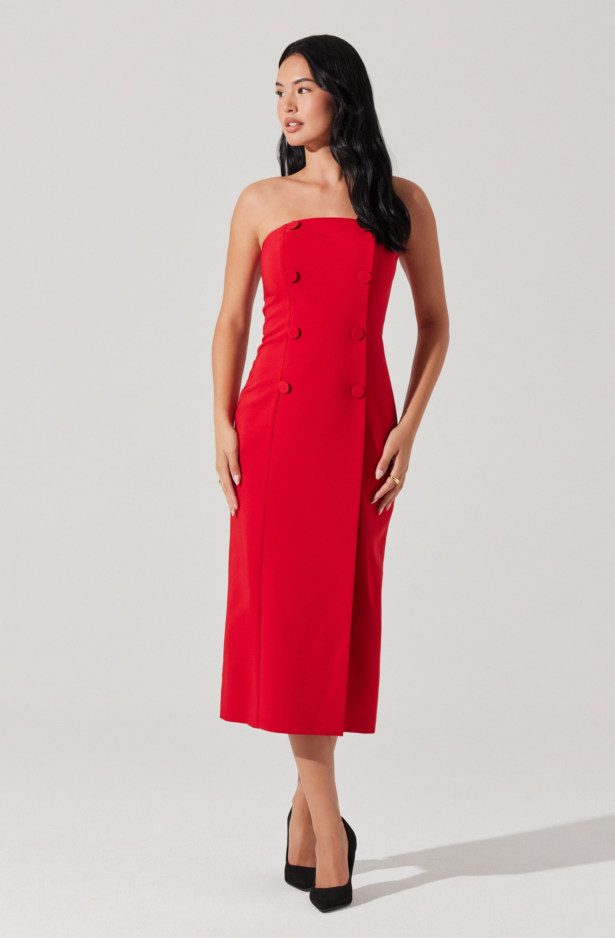 Strapless Double-Breasted Midi Dress