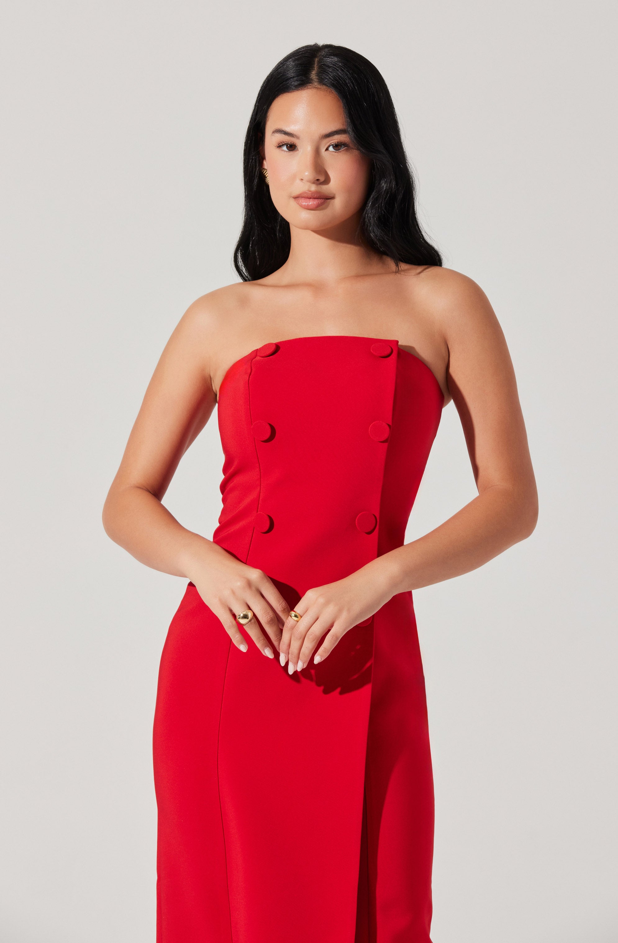 Strapless Double-Breasted Midi Dress