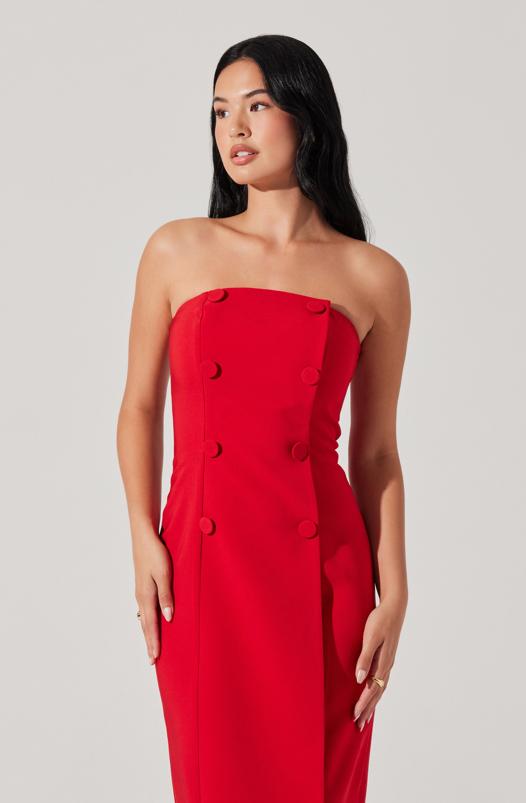 Strapless Double-Breasted Midi Dress