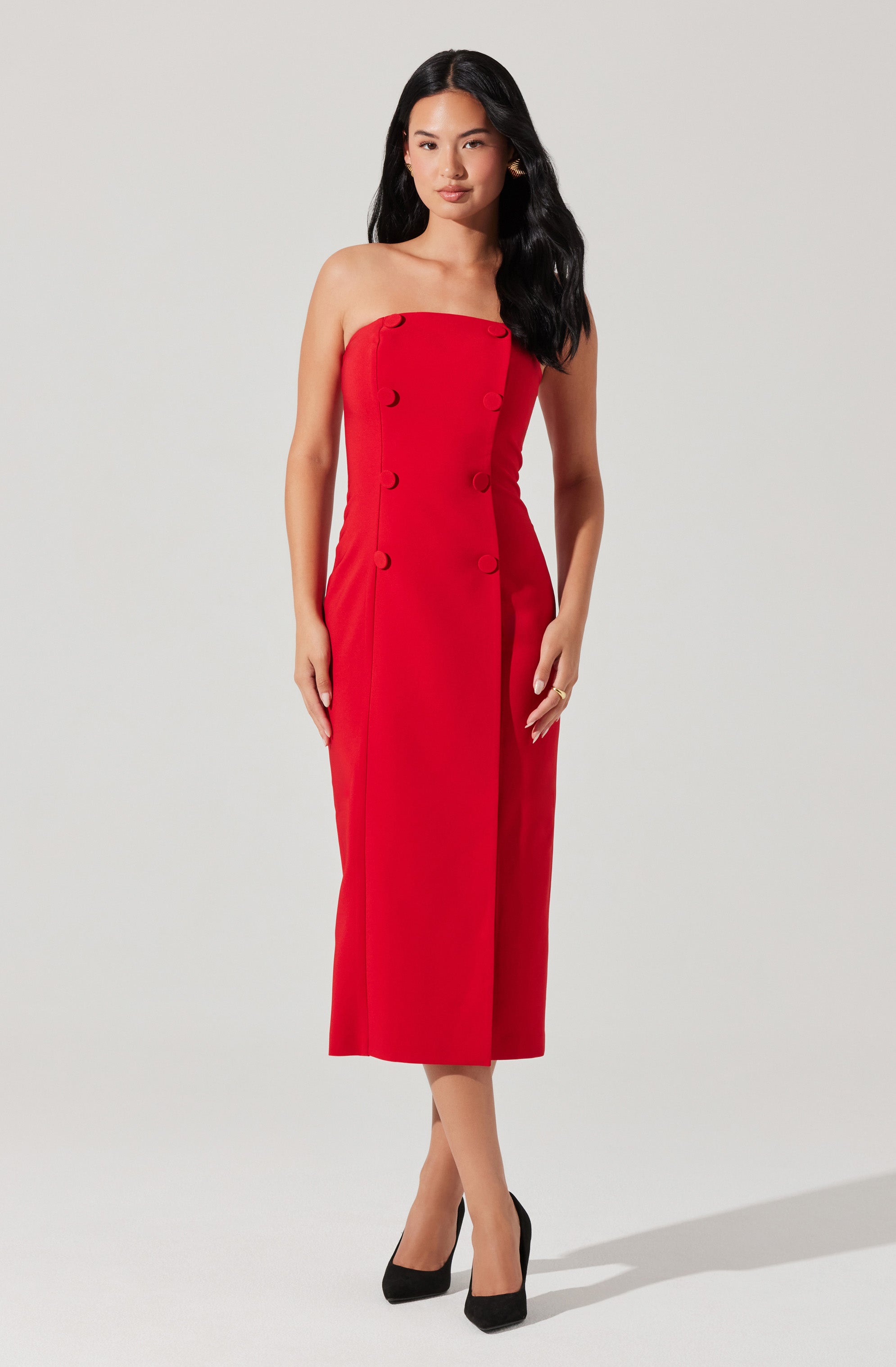 Strapless Double-Breasted Midi Dress