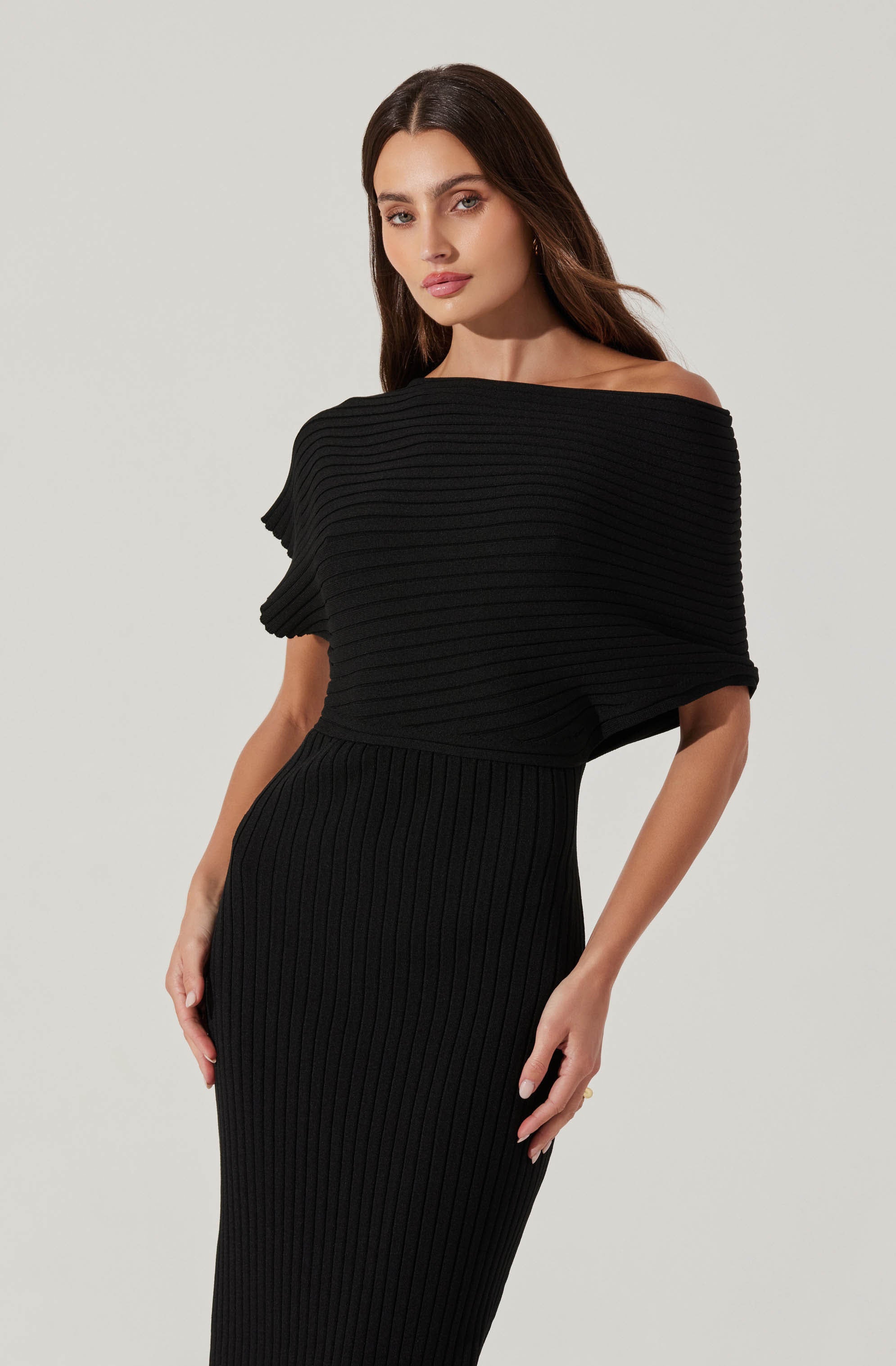 Off Shoulder Ribbed Sweater Dress