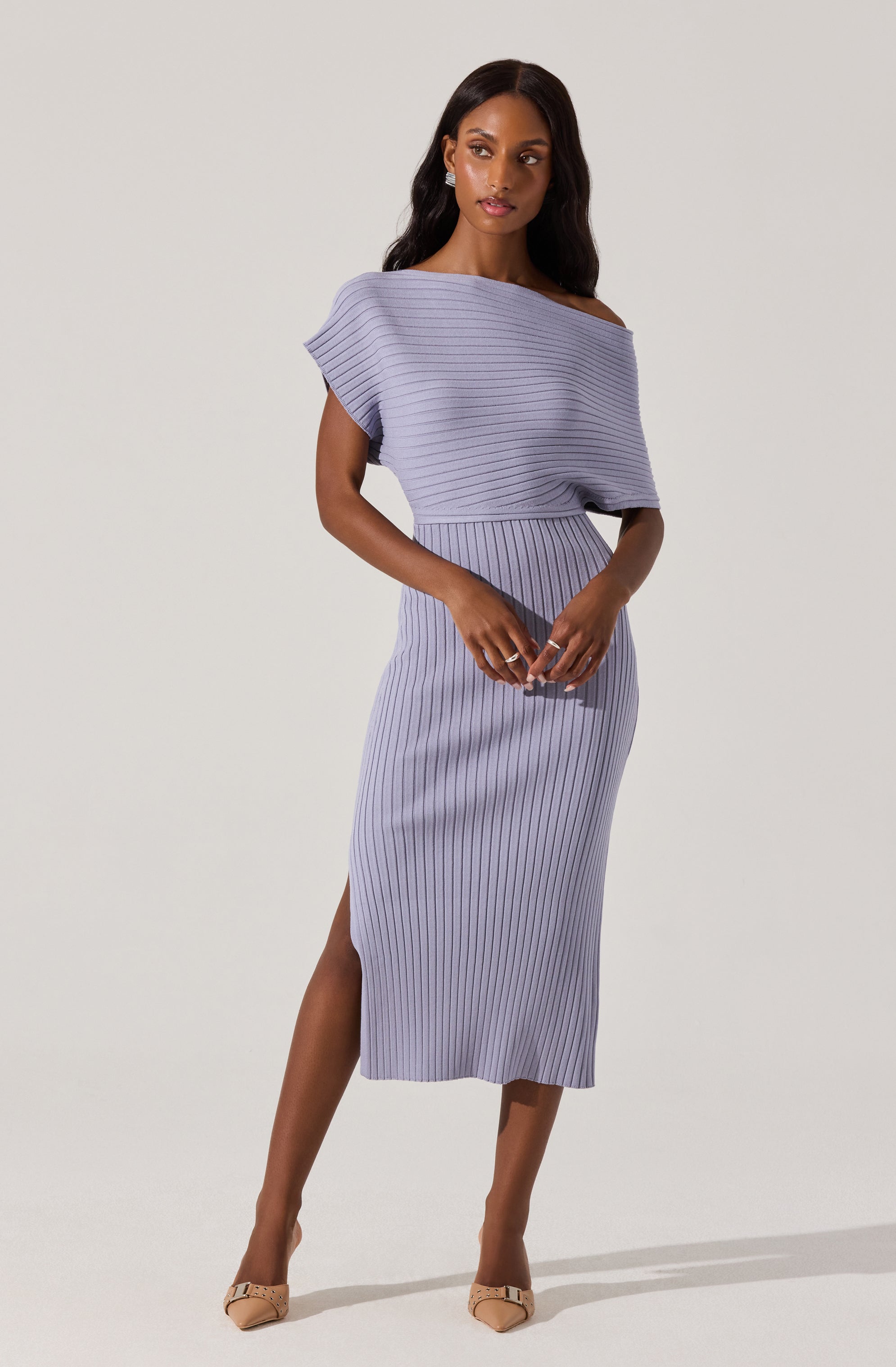Off Shoulder Ribbed Sweater Dress