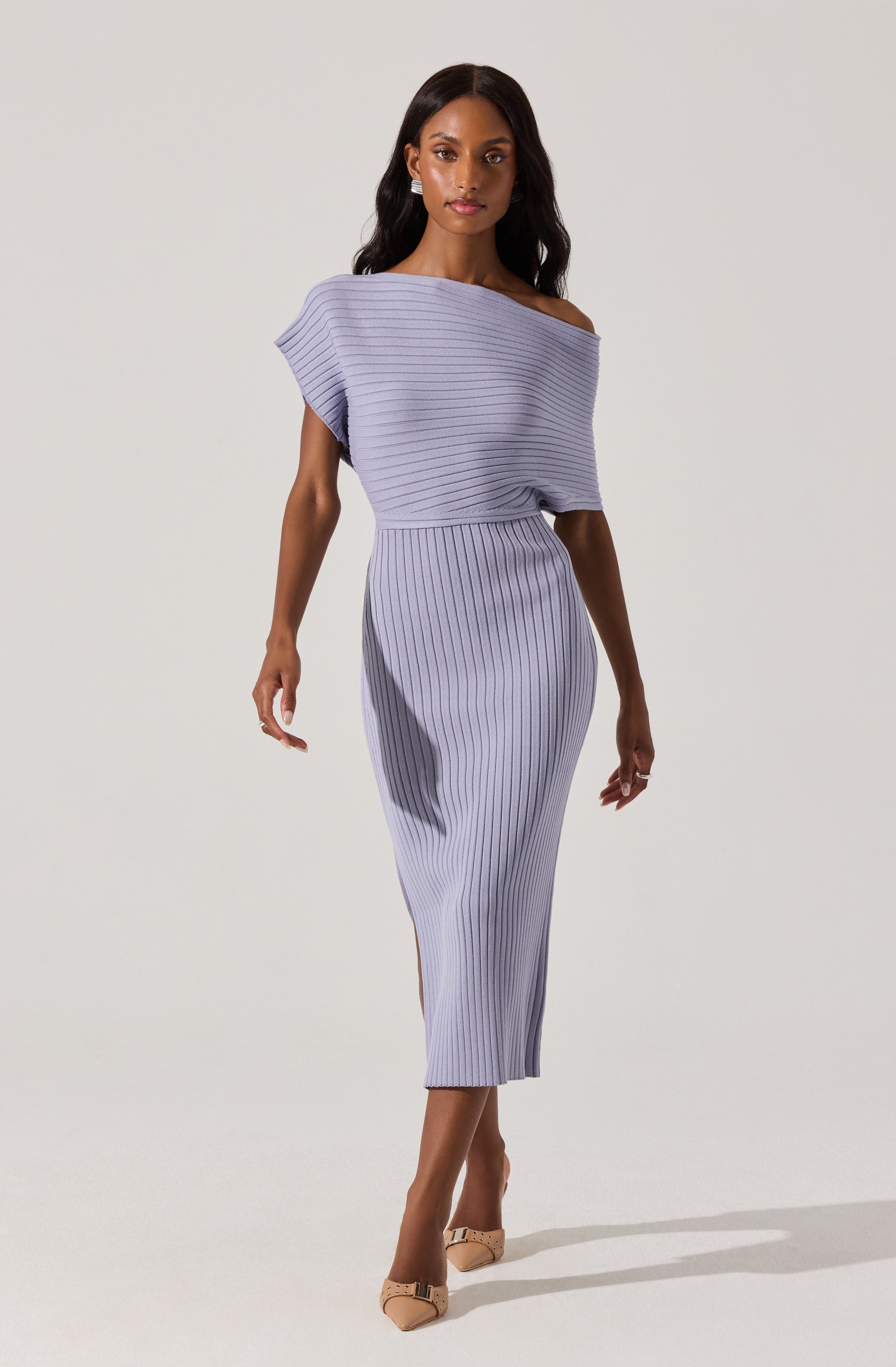 Off Shoulder Ribbed Sweater Dress