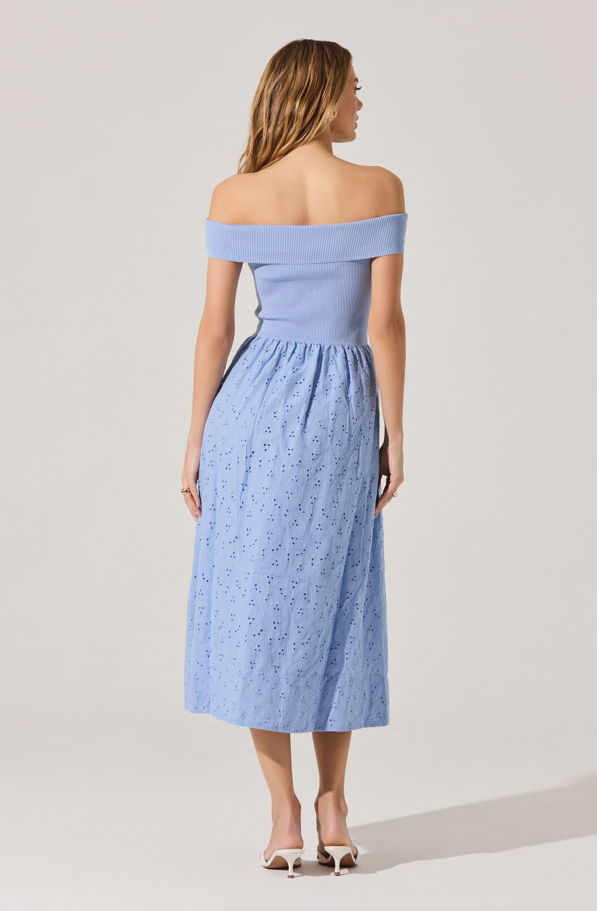Off Shoulder Eyelet Midi Dress