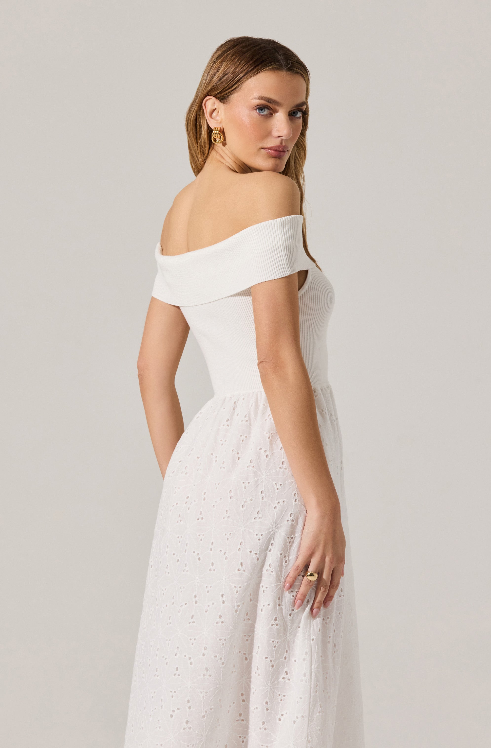 Off Shoulder Eyelet Midi Dress