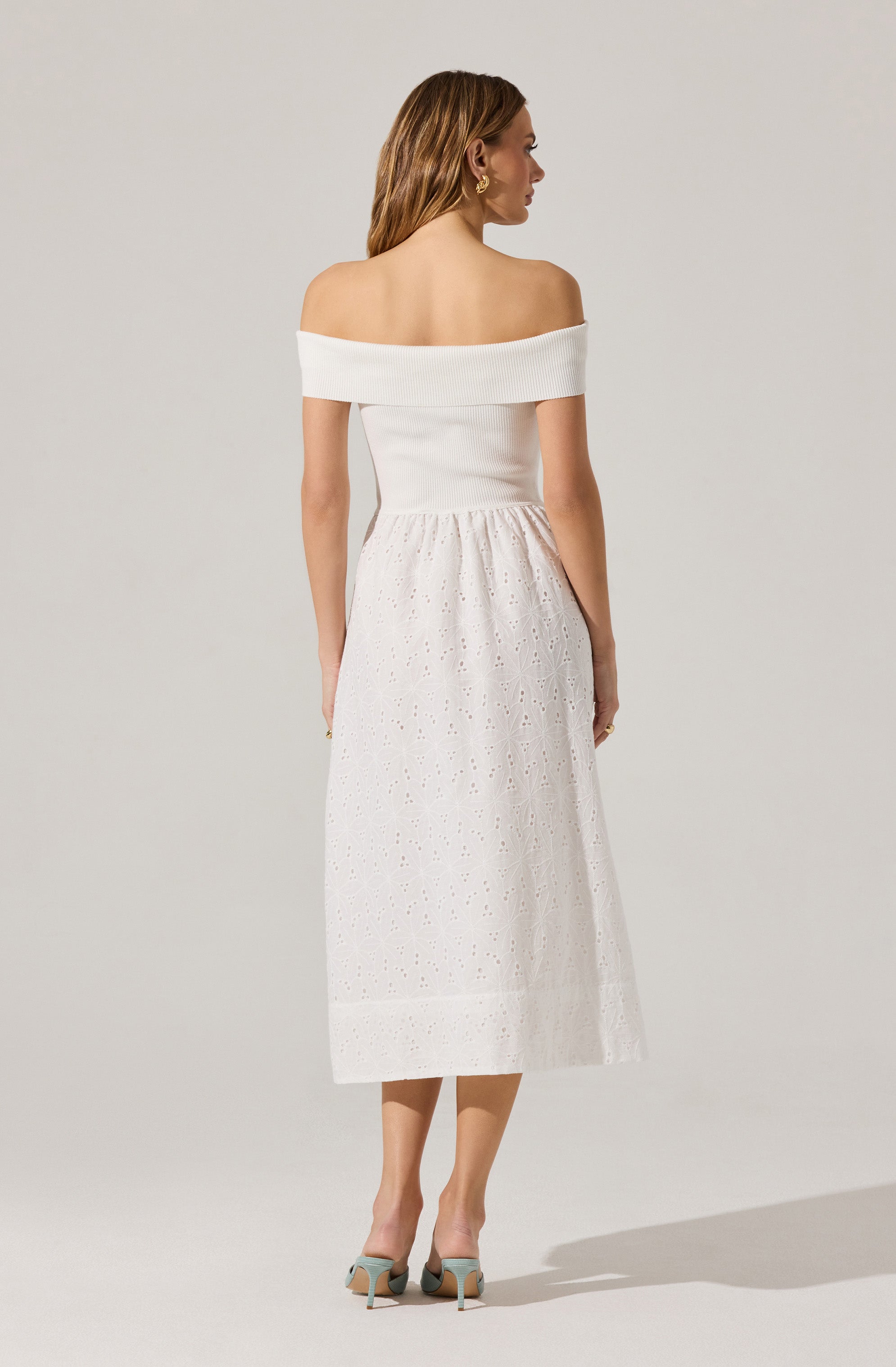 Off Shoulder Eyelet Midi Dress