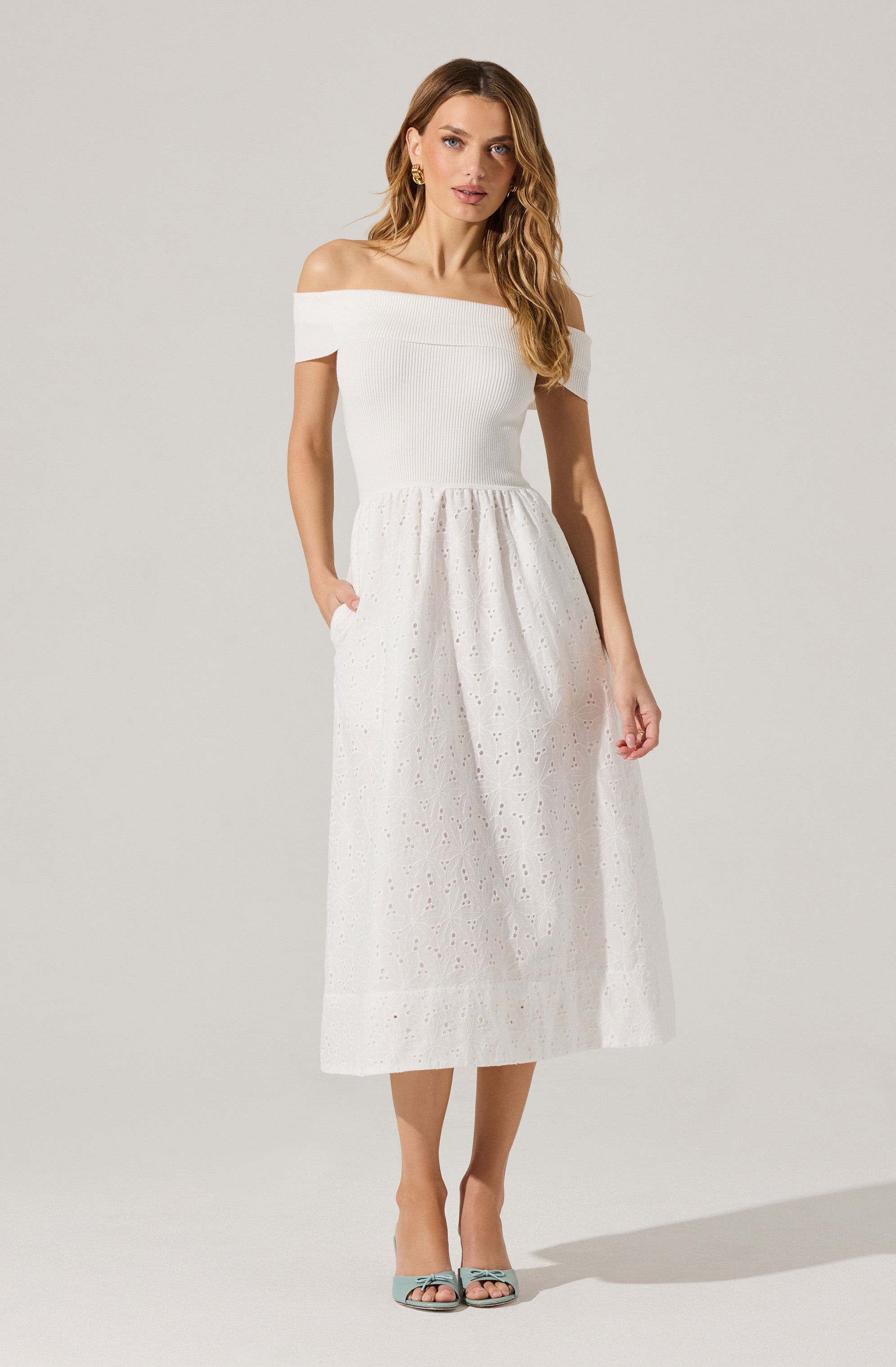 Off Shoulder Eyelet Midi Dress