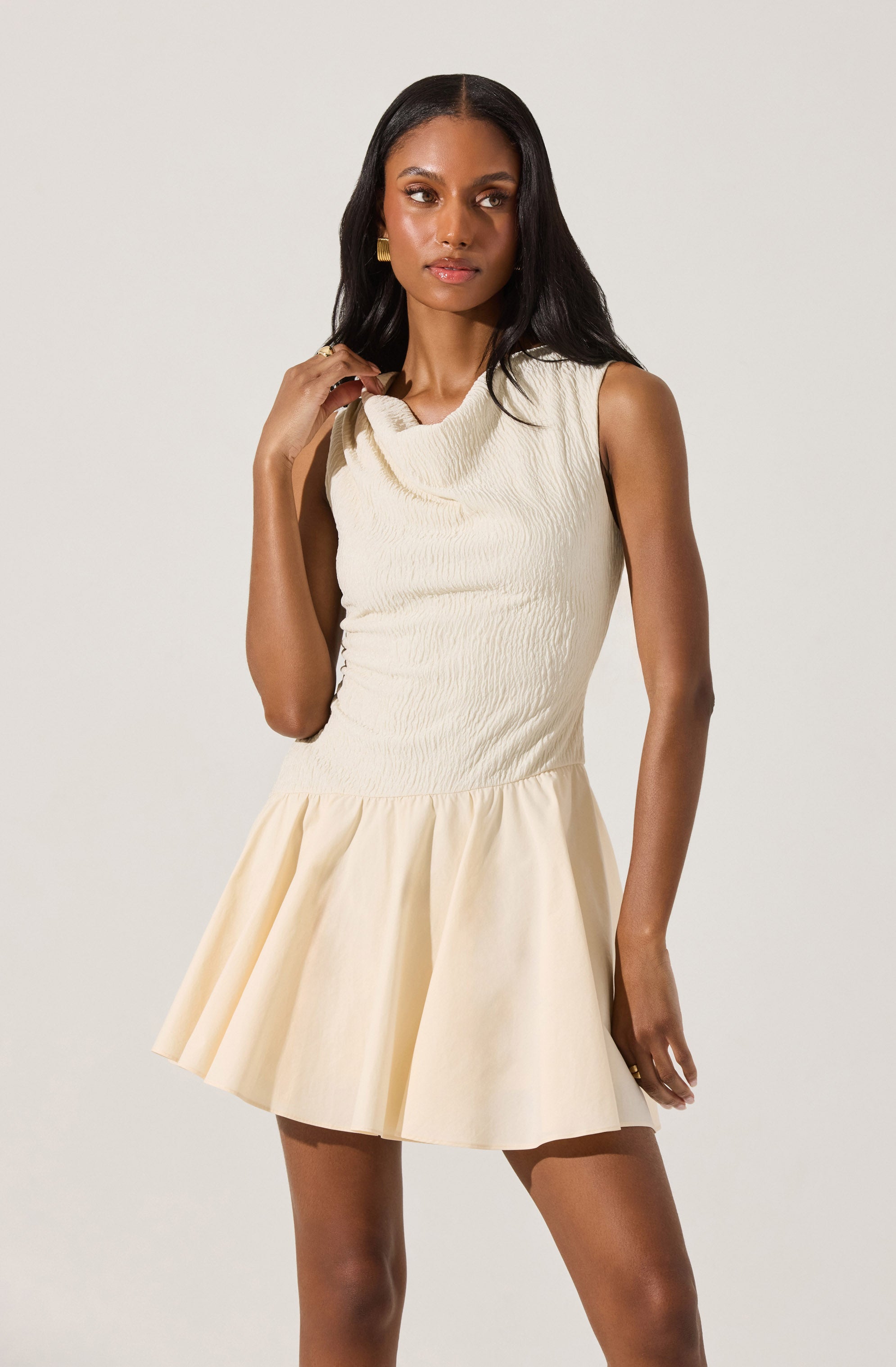 Cowl Neck Mixed Media Mini Dress